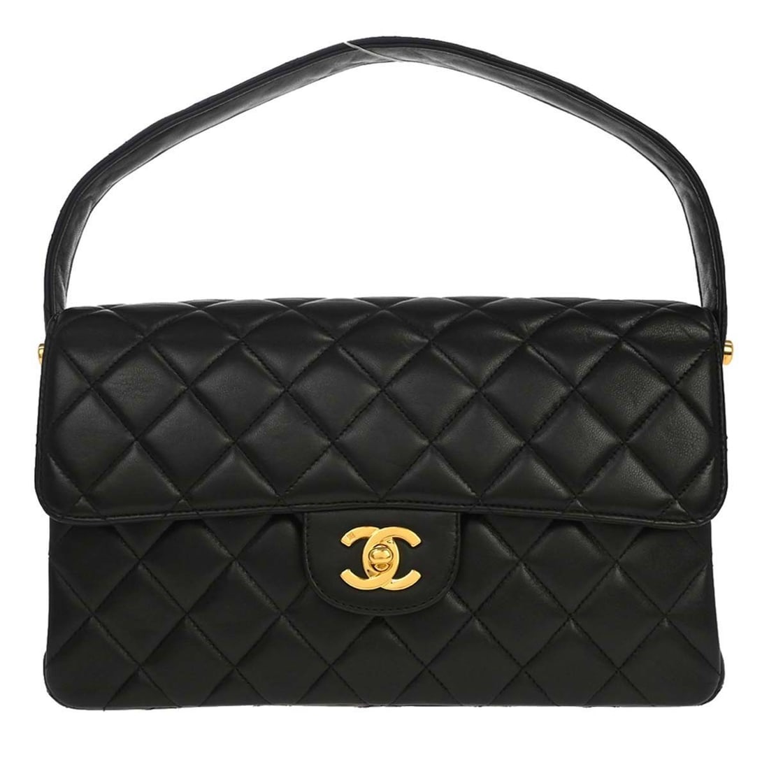 CHANEL Double Sided Classic Flap Medium Black Lambskin Handbag: CHANEL Double Sided Classic Flap Medium Black Lambskin Handbag Chanel Double Sided Classic Flap handbag in black lambskin leather with a matelasse quilted exterior and flap turnlock closure. This medi