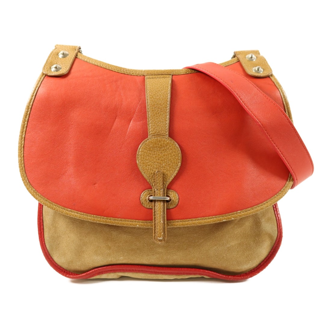 Balenciaga Red Suede Leather Shoulder Bag with Silver Hardware: Balenciaga Red Suede Leather Shoulder Bag with Silver Hardware This Balenciaga shoulder bag features a red suede exterior with brown accents. Designed for women, it offers a structured silhouette with