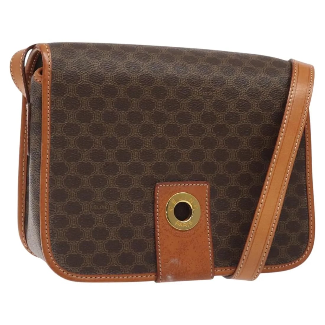 Celine Vintage Macadam Circle Logo Shoulder Bag Brown Canvas: Celine Vintage Macadam Circle Logo Shoulder Bag Brown Canvas This Celine Vintage Macadam Circle Logo Shoulder Bag features a classic brown canvas body with leather trim and the iconic circle logo. Des