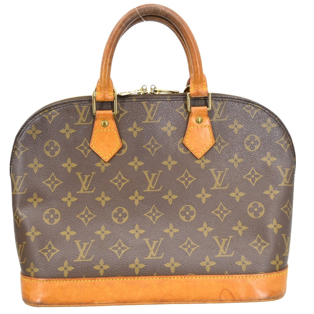 Louis Vuitton Alma Monogram Canvas Handbag M51130 VI0926: Louis Vuitton Alma Monogram Canvas Handbag M51130 VI0926 Vintage Louis Vuitton Alma handbag in brown Monogram canvas with leather trim and double handles. This medium handbag features a zip closure, l