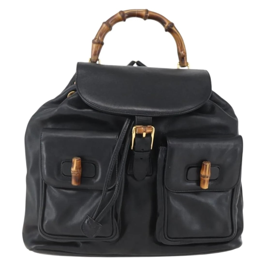 Gucci Vintage Bamboo black leather backpack: Gucci Vintage Bamboo black leather backpack This pre-owned Gucci Vintage Bamboo Backpack is crafted from black leather and designed for women. It features the iconic bamboo handle and shoulder straps,