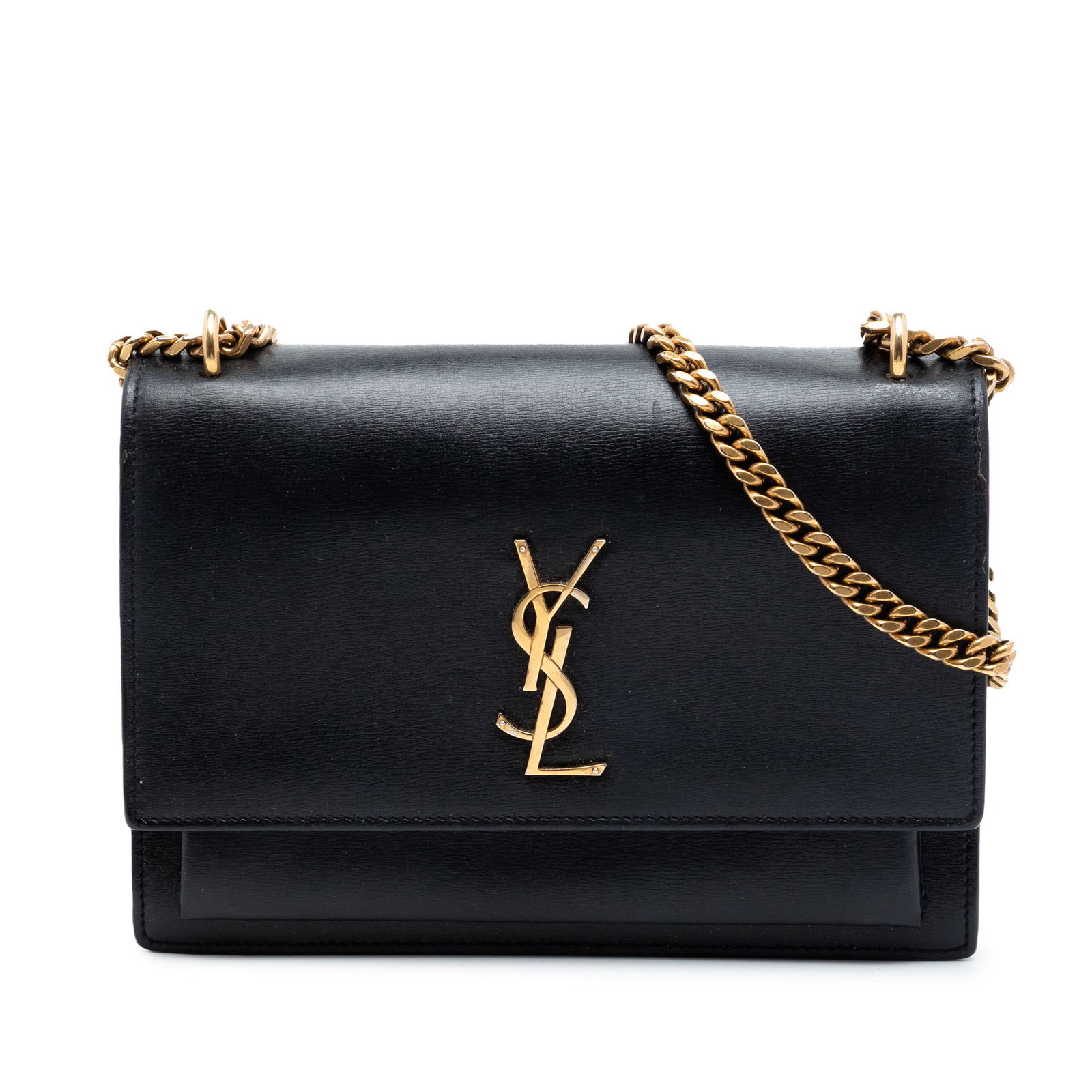 Saint Laurent Sunset Medium Monogram Leather Crossbody Bag: Saint Laurent Sunset Medium Monogram Leather Crossbody Bag Saint Laurent Medium Calfskin Monogram Sunset Crossbody in black leather. This crossbody bag features a chain-link shoulder strap with a leat