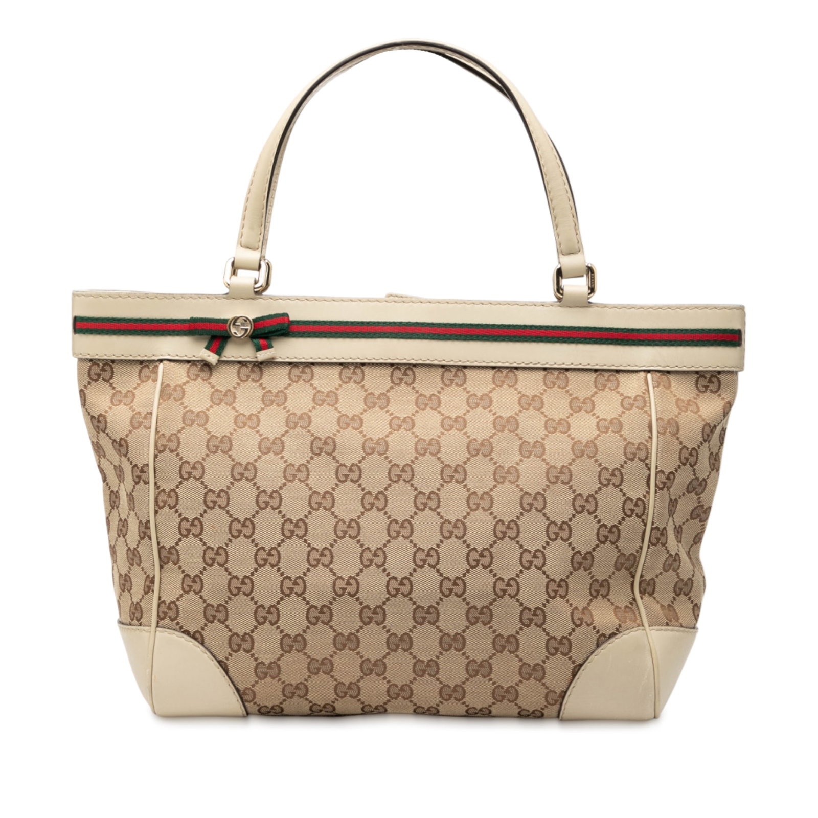 Gucci Mayfair Brown Canvas Tote with Leather Trim: Gucci Mayfair Brown Canvas Tote with Leather Trim The Gucci GG Canvas Mayfair Tote features a canvas exterior with leather trim and flat leather straps. It is designed with an open top secured by a ma