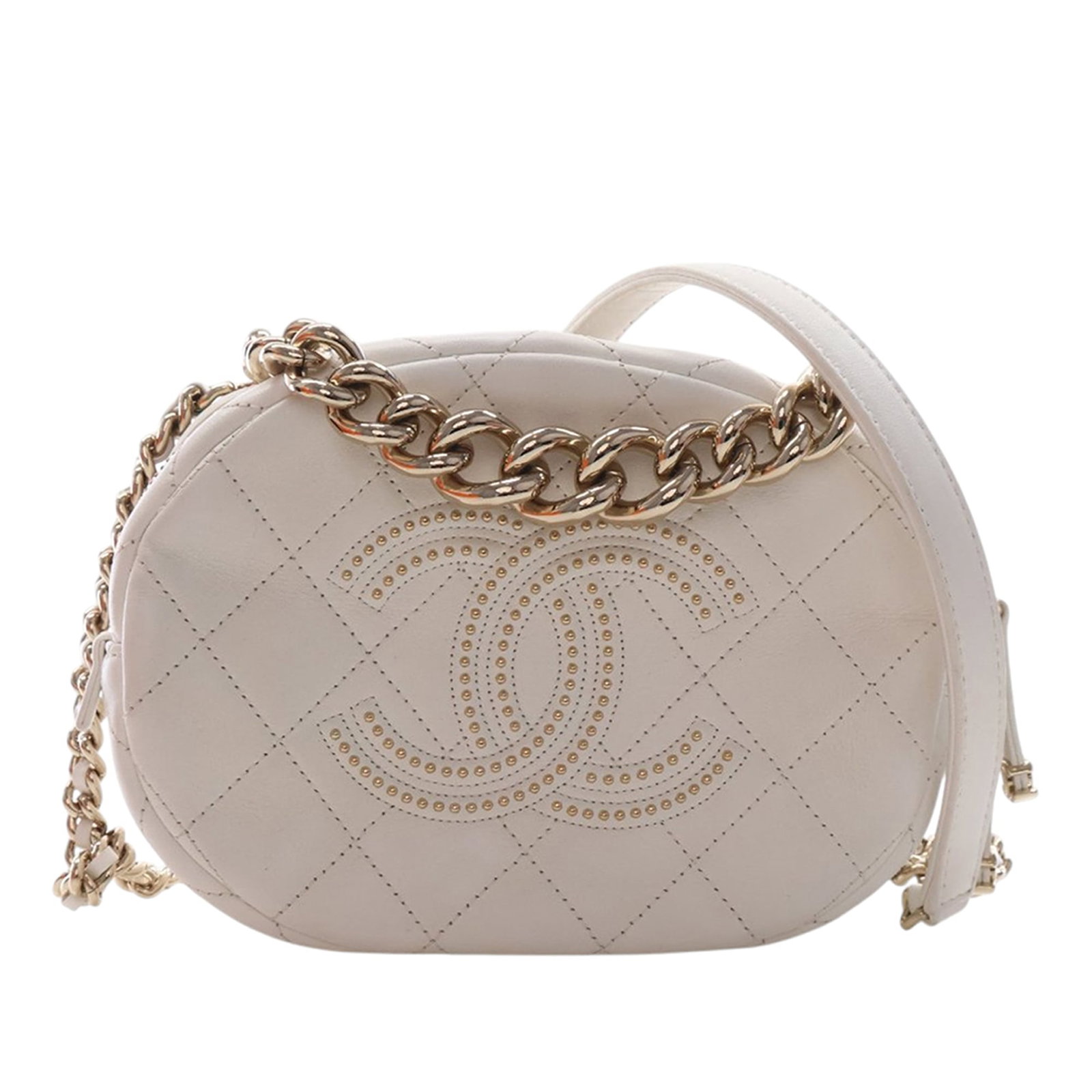 Chanel Round Camera Crossbody Bag in White Quilted Studded Lambskin: Chanel Round Camera Crossbody Bag in White Quilted Studded Lambskin Chanel CC Quilted Studded Lambskin Round Camera Bag in white lambskin leather with a quilted, studded design. This crossbody bag fea