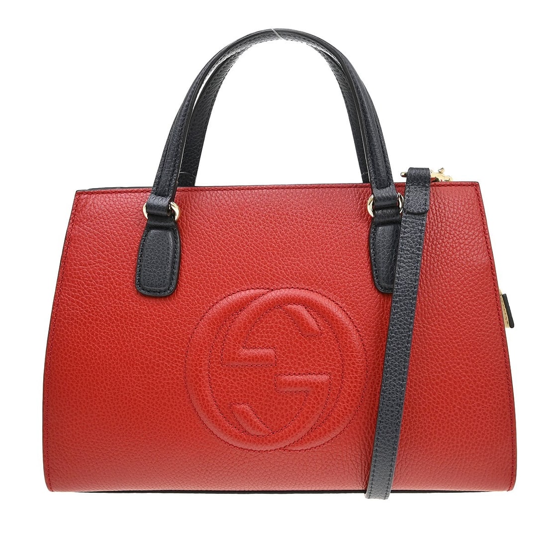 Gucci Soho Medium Leather Top Handle Bag Red Blue Ivory 431571 520981: Gucci Soho Medium Leather Top Handle Bag Red Blue Ivory 431571 520981 Gucci Soho top handle handbag in tricolor leather with a red exterior, blue handle and strap, and beige lining. This medium bag in