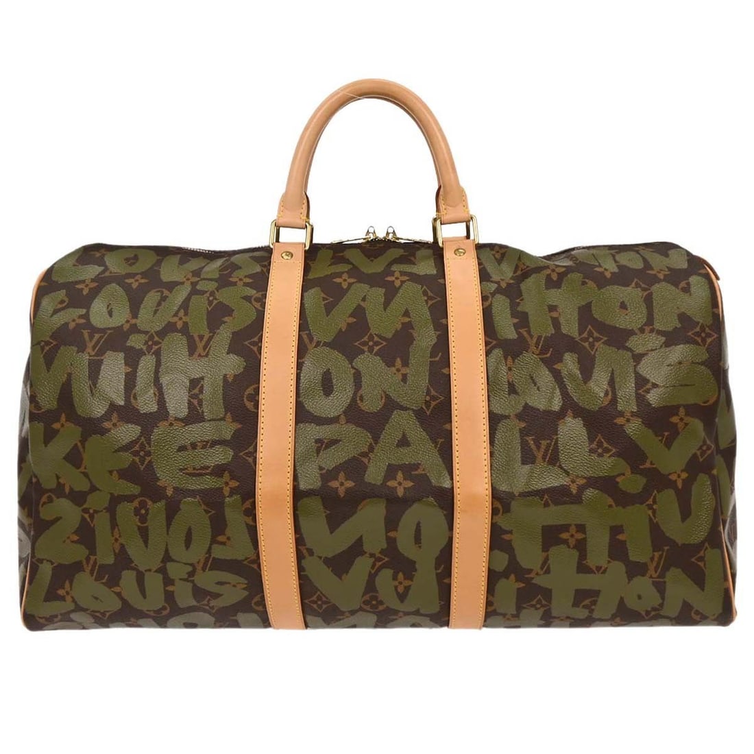 Louis Vuitton Keepall 50 Khaki Monogram Graffiti Travel Duffle M92196: Louis Vuitton Keepall 50 Khaki Monogram Graffiti Travel Duffle M92196 Louis Vuitton Keepall 50 duffle bag in khaki Monogram Graffiti canvas with leather trim. This travel bag features a zip closure, l