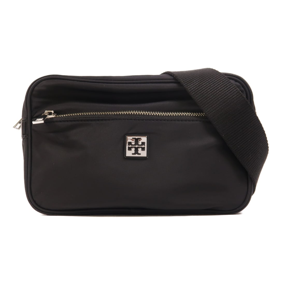 Tory Burch Black Nylon Shoulder Bag with Silver Hardware: Tory Burch Black Nylon Shoulder Bag with Silver Hardware This Tory Burch shoulder bag features a sleek black nylon exterior and is designed for women. The bag offers a compact profile with a modern st