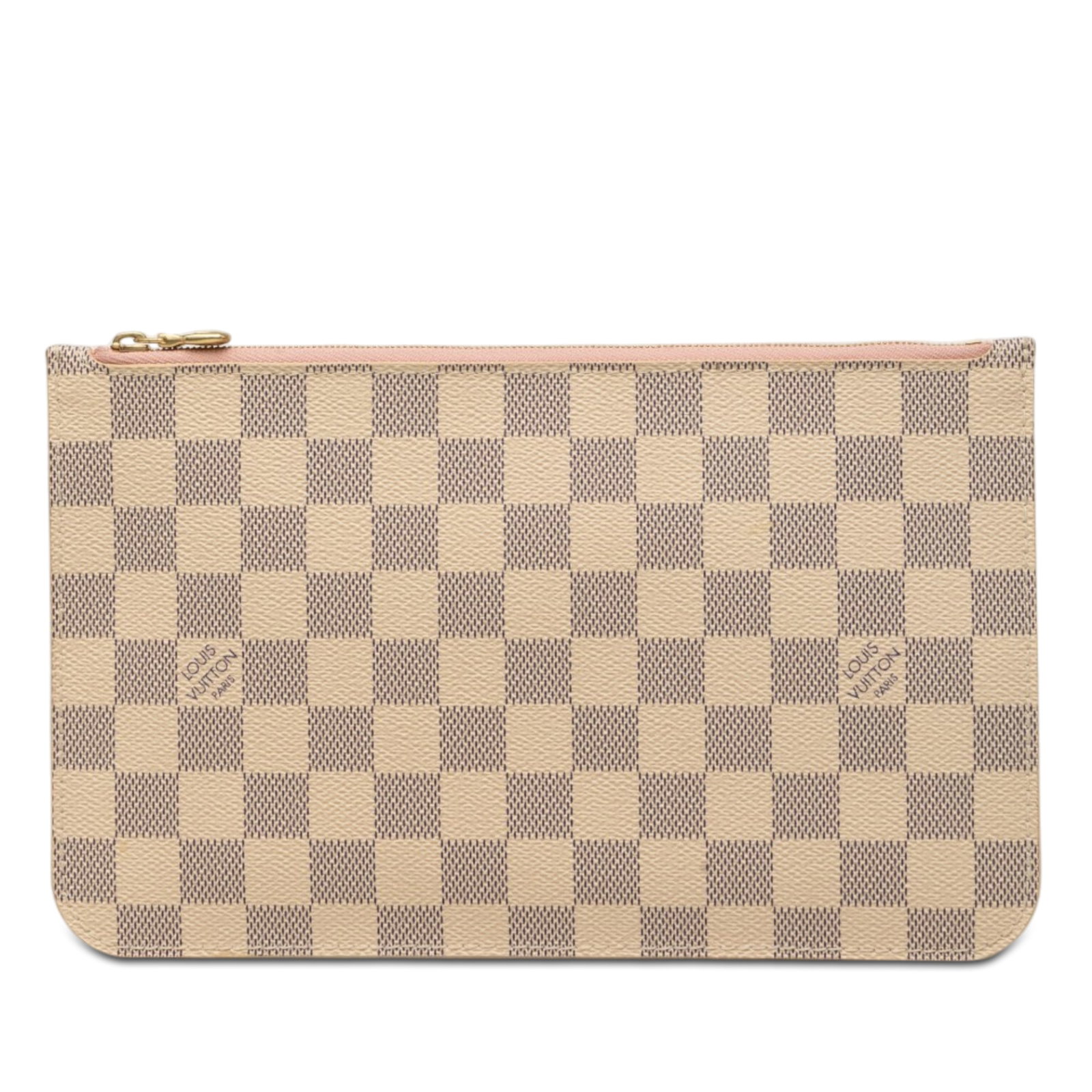 Louis Vuitton Neverfull MM Damier Azur zip pouch: Louis Vuitton Neverfull MM Damier Azur zip pouch Louis Vuitton Damier Azur Neverfull MM pouch crafted with a damier azur canvas body and a top zip closure. The interior includes a slip pocket, and a d