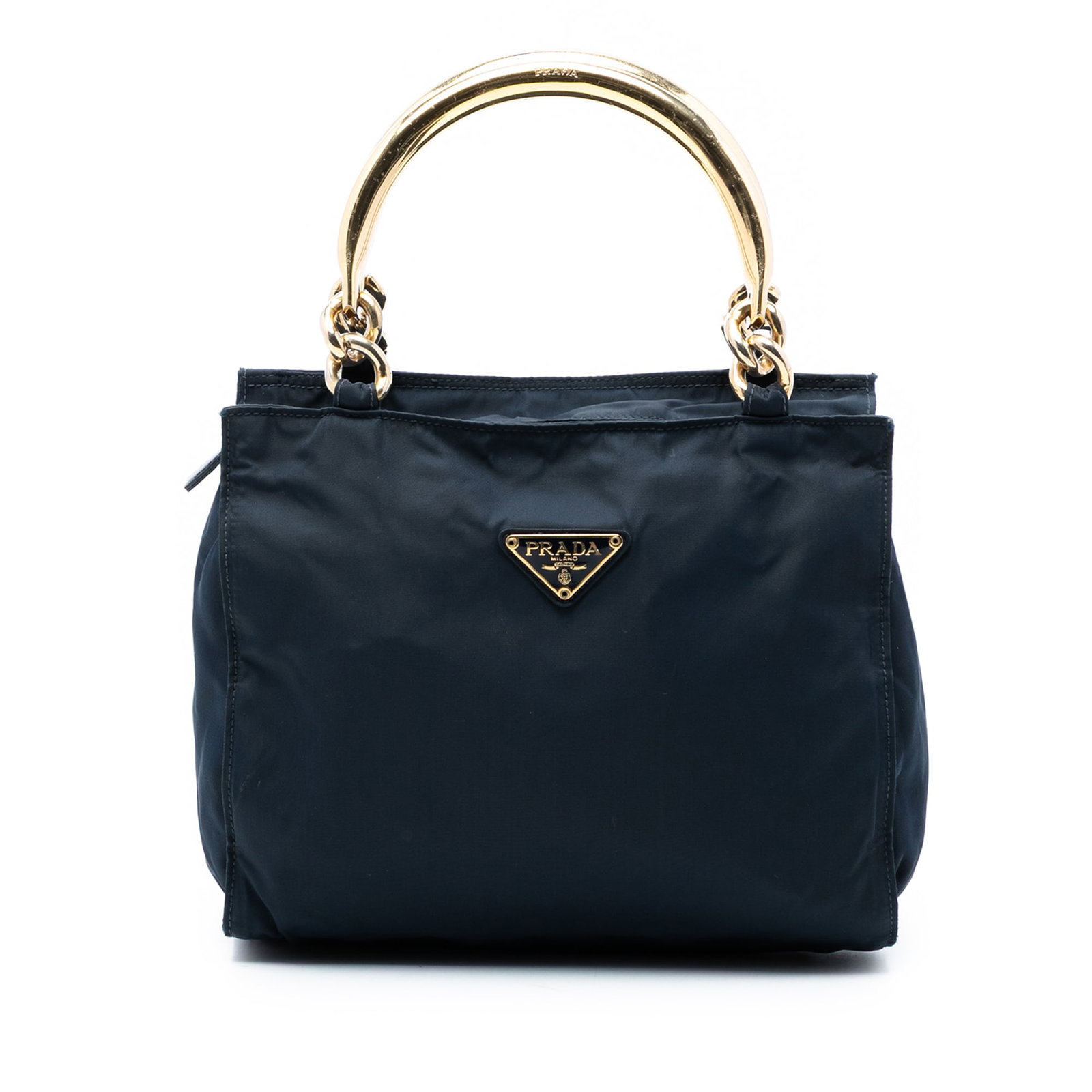 Blue Prada Tessuto Handbag with Gold-Tone Metal Handles: Blue Prada Tessuto Handbag with Gold-Tone Metal Handles This Prada Tessuto Metal Handle Bag features a blue nylon body with gold-tone metal top handles and a top zip closure. The interior includes a z