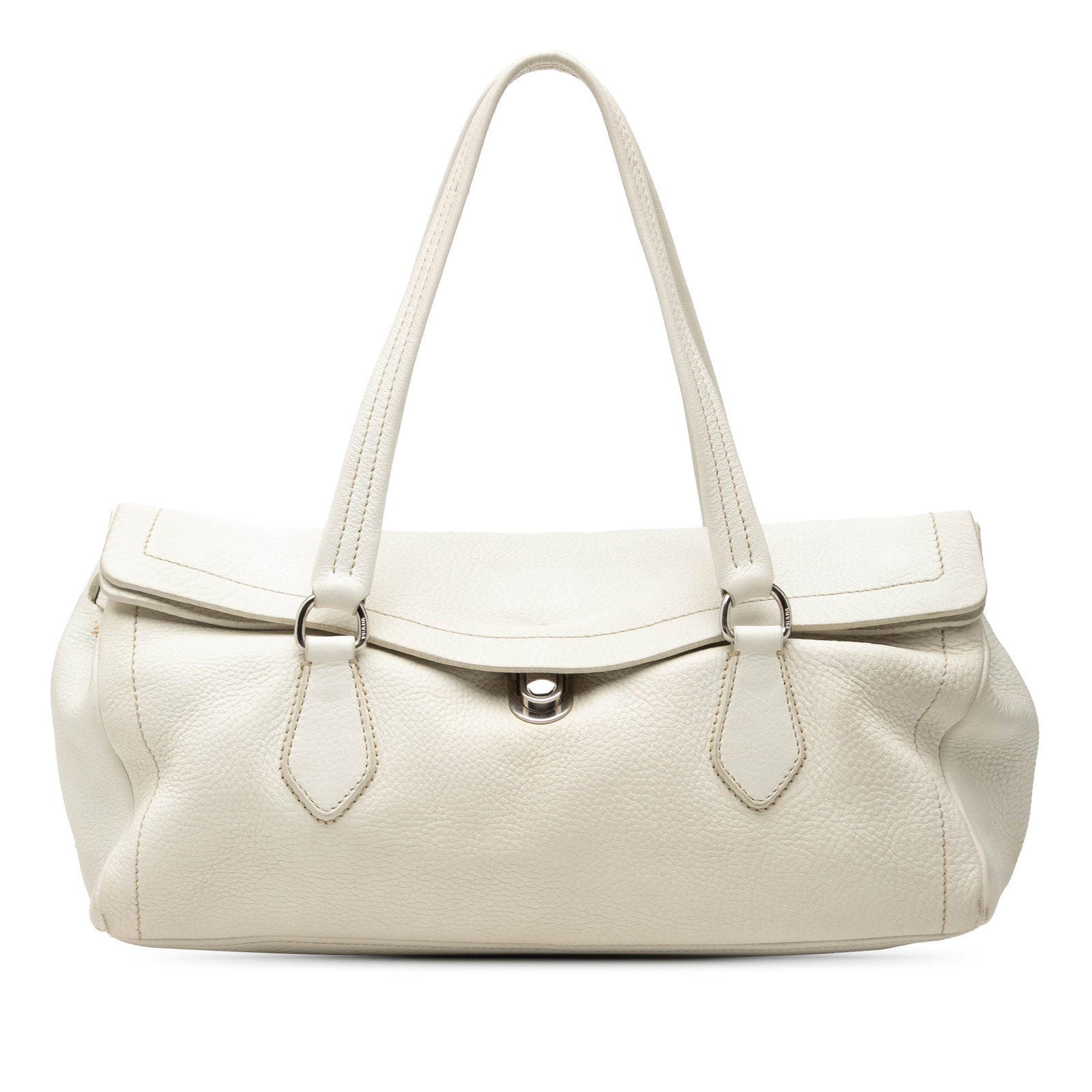 Prada Vitello Daino Easy Leather Shoulder Bag White: Prada Vitello Daino Easy Leather Shoulder Bag White Prada Vitello Daino Easy Shoulder Bag in white leather with rolled leather straps, a front flap with a metal lock closure, and an interior zip pocke