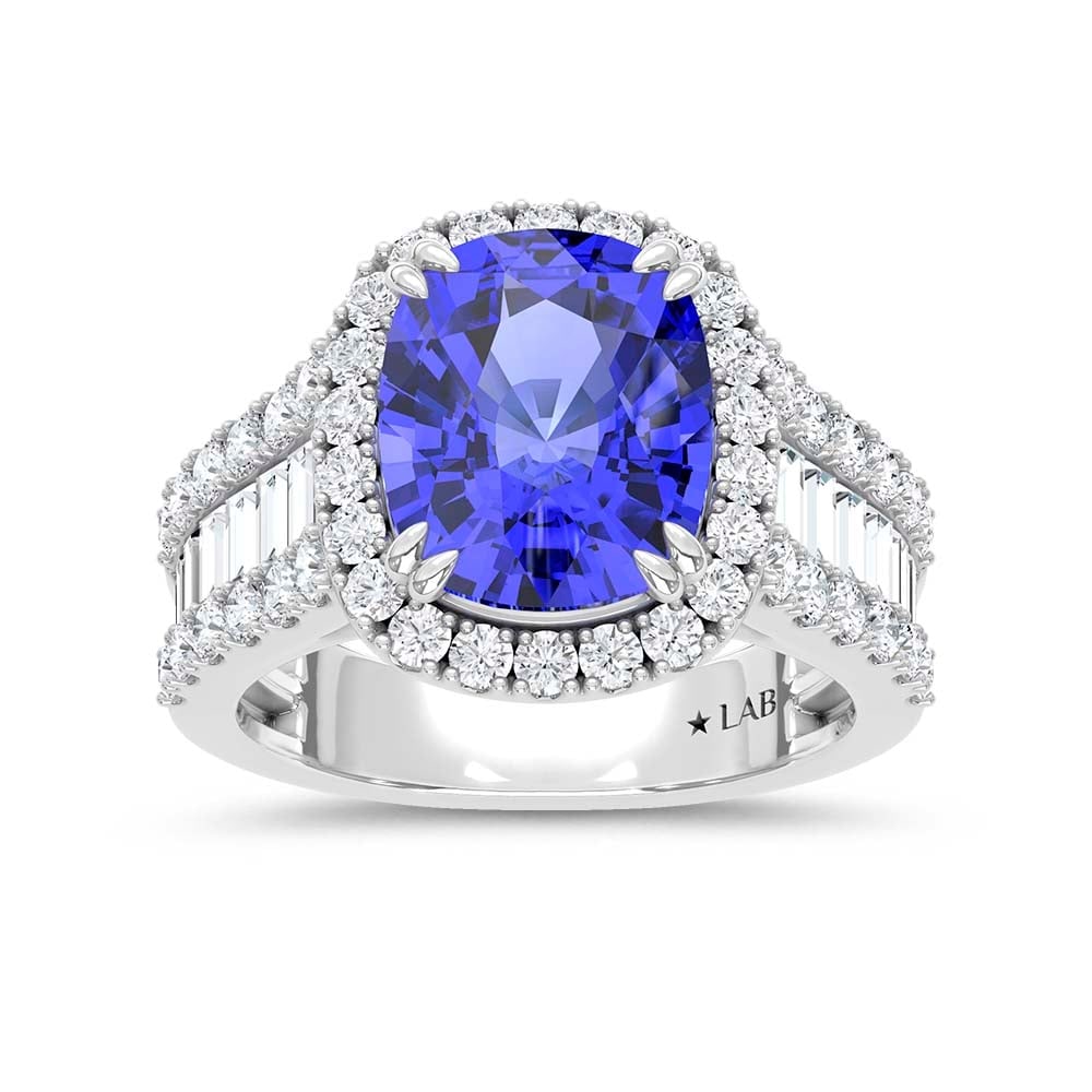 14K White Gold Lab Grown Diamond 7 Ct.Tw. Cushion Shape Recrystalized Blue Sapphire Engagement Ring: 14K White Gold Lab Grown Diamond 7 Ct.Tw. Cushion Shape Recrystalized Blue Sapphire Engagement Ring (Center 5 1/2 ct) Indulge in elegance with this 14K white gold engagement ring, featuring a breathta