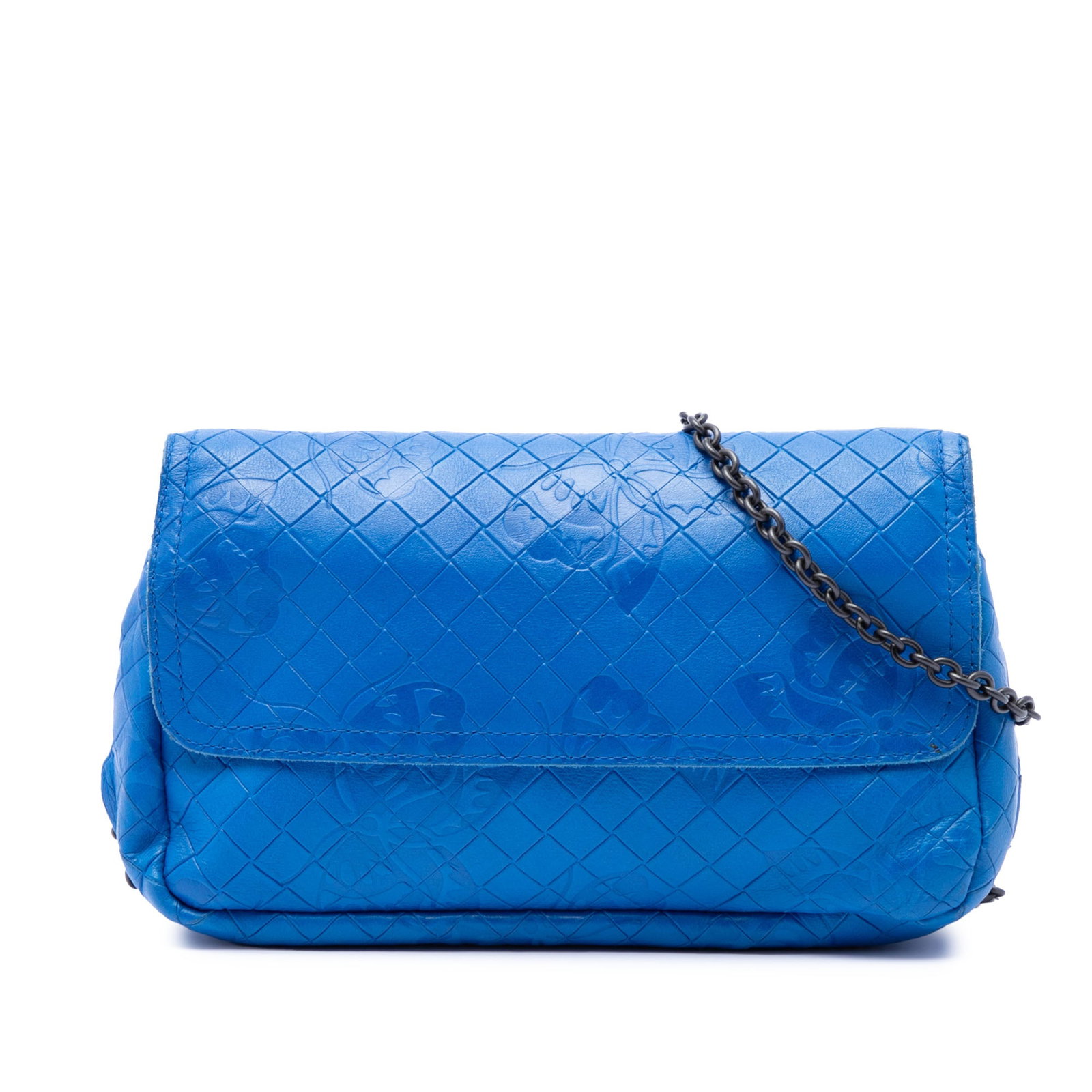 Blue Bottega Veneta Butterfly Chain Crossbody Bag: Blue Bottega Veneta Butterfly Chain Crossbody Bag This Bottega Veneta Small Calfskin Intrecciomirage Embossed Butterfly Chain Crossbody bag features a blue embossed leather body with a butterfly motif