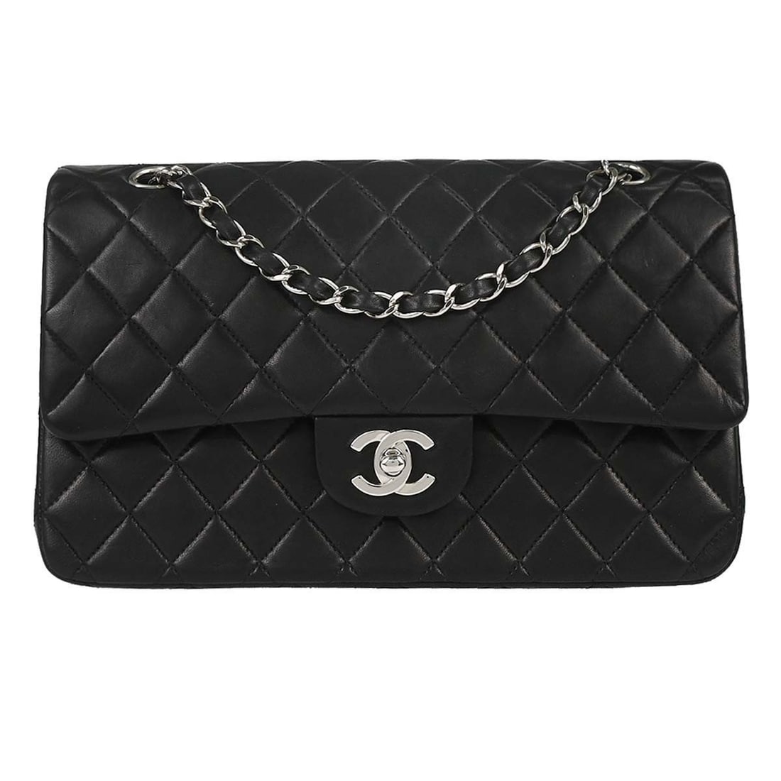 CHANEL Classic Double Flap Medium Shoulder Bag in Black Lambskin: CHANEL Classic Double Flap Medium Shoulder Bag in Black Lambskin Chanel Medium Classic Double Flap shoulder bag in black lambskin leather. This women's shoulder bag features a turn-lock closure, shoul