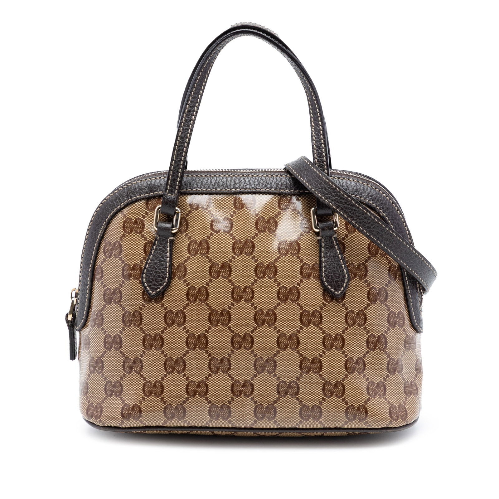 Gucci Mini GG Crystal Dome Beige Satchel: Gucci Mini GG Crystal Dome Beige Satchel This Gucci Mini GG Crystal Dome Satchel is crafted from coated canvas with leather trim, featuring flat leather handles and an adjustable, detachable flat stra