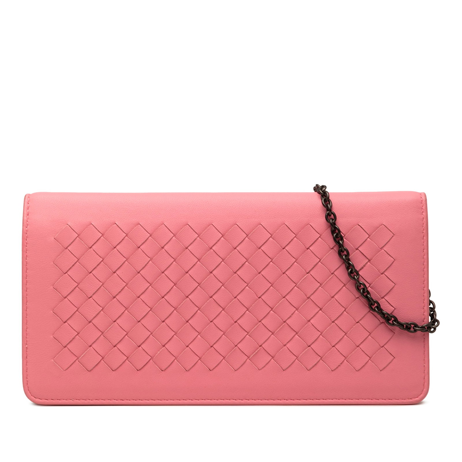 Bottega Veneta Intrecciato Nappa Leather Wallet on Chain Pink: Bottega Veneta Intrecciato Nappa Leather Wallet on Chain Pink Bottega Veneta Nappa Intrecciato Continental Wallet on Chain in pink leather. This crossbody style features a front flap with magnetic sna
