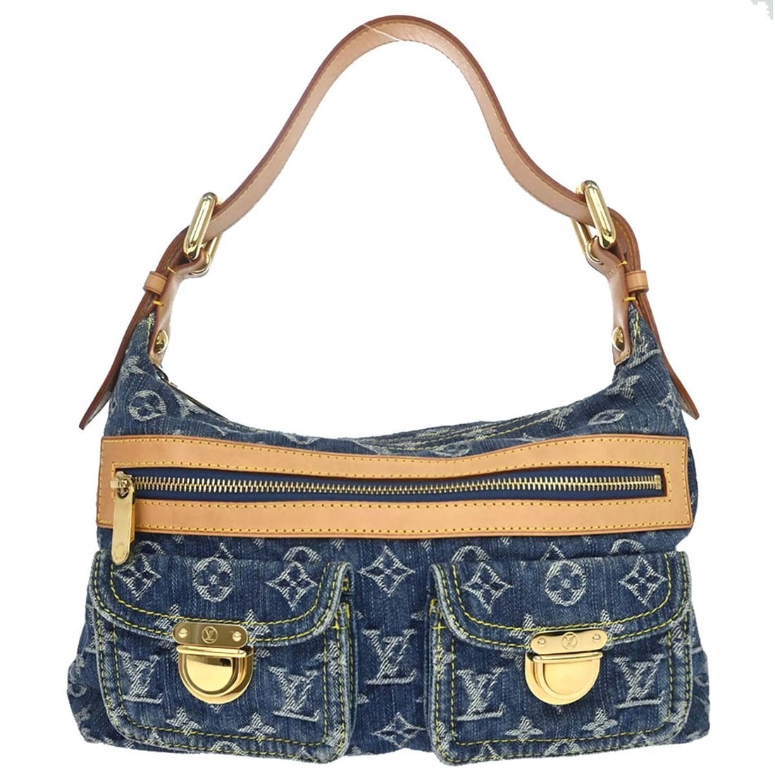Louis Vuitton Baggy PM Blue Monogram Denim Shoulder Handbag M95049: Louis Vuitton Baggy PM Blue Monogram Denim Shoulder Handbag M95049 Vintage Louis Vuitton Baggy PM shoulder bag in blue Monogram denim with leather trim and an adjustable beige shoulder strap. This zip