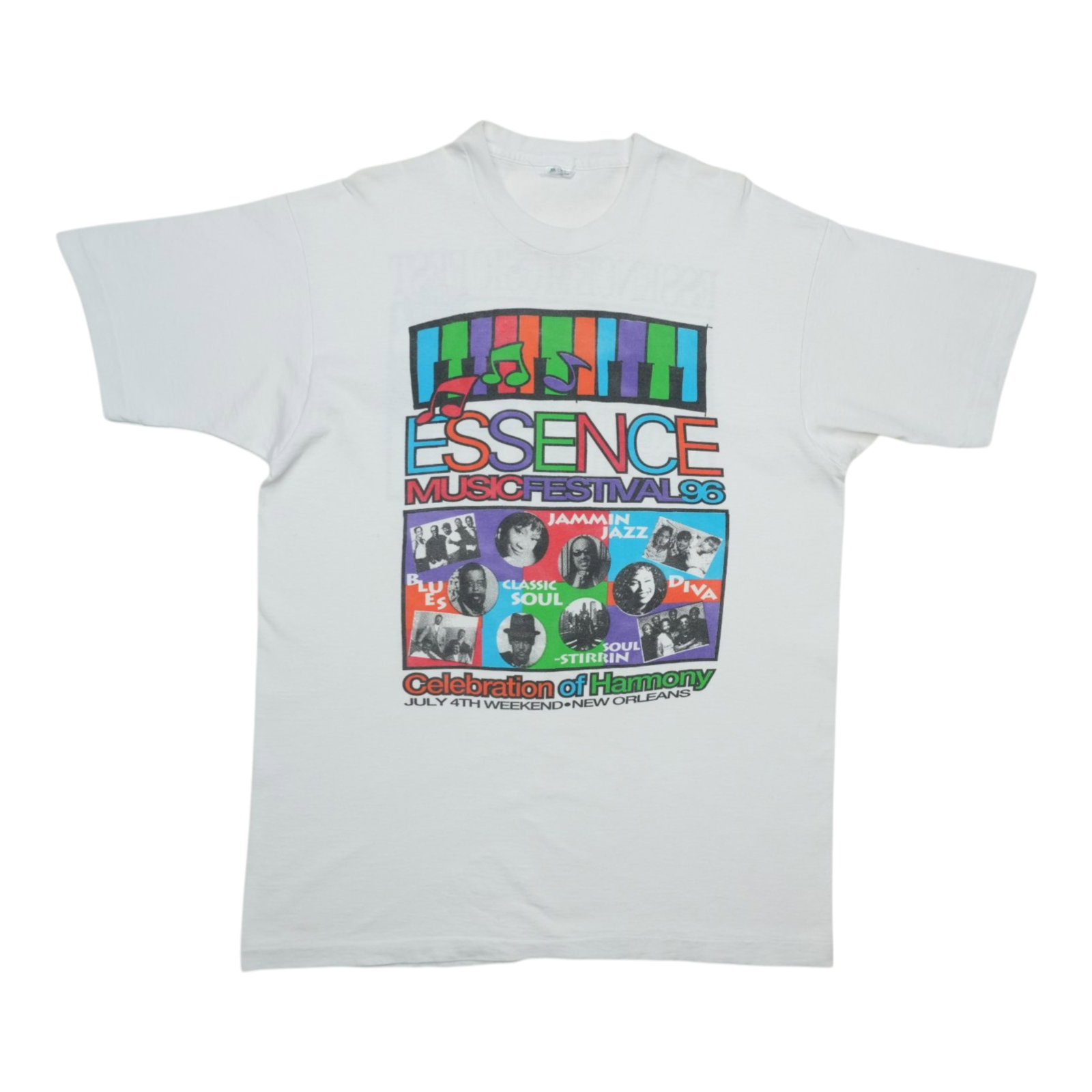 Vintage 1996 Essence Festival Harmony Graphic Shirt White Cotton XL: Vintage 1996 Essence Festival Harmony Graphic Shirt White Cotton XL This is an original vintage 1996 Essence Music Festival Celebration of Harmony shirt. Featuring front and back graphics, this shirt 