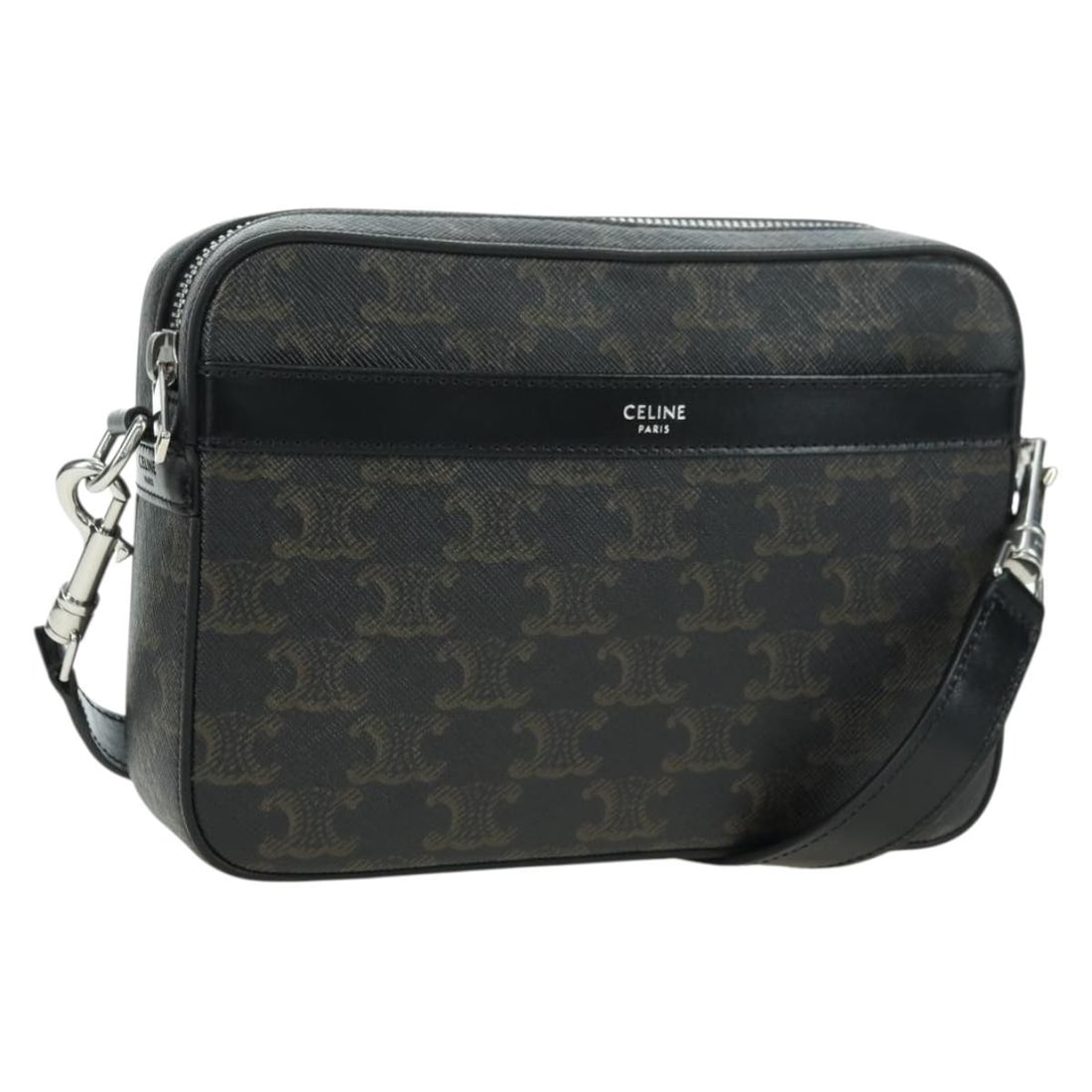 CELINE Triomphe PVC Leather Shoulder Bag Black Silver Dust Bag: CELINE Triomphe PVC Leather Shoulder Bag Black Silver Dust Bag Celine Triomphe shoulder bag in black PVC leather with silver-tone accents. Made in Italy, this women's bag includes a dust bag. Conditio