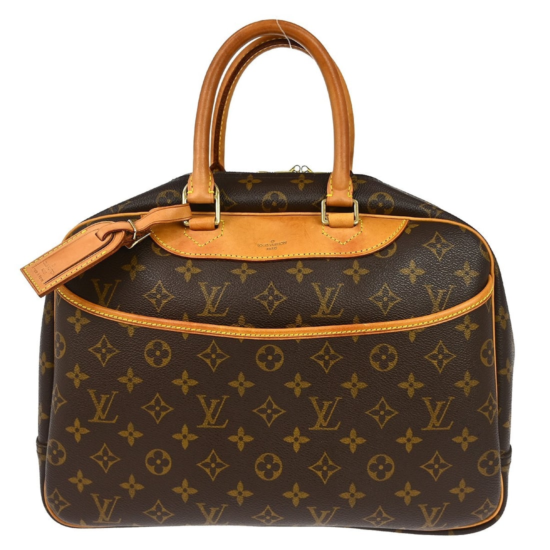 Louis Vuitton Deauville Vanity Monogram Canvas Handbag M42270: Louis Vuitton Deauville Vanity Monogram Canvas Handbag M42270 Vintage Louis Vuitton Deauville bowling vanity handbag in brown Monogram canvas with leather trim and double handles. This zip-top handbag