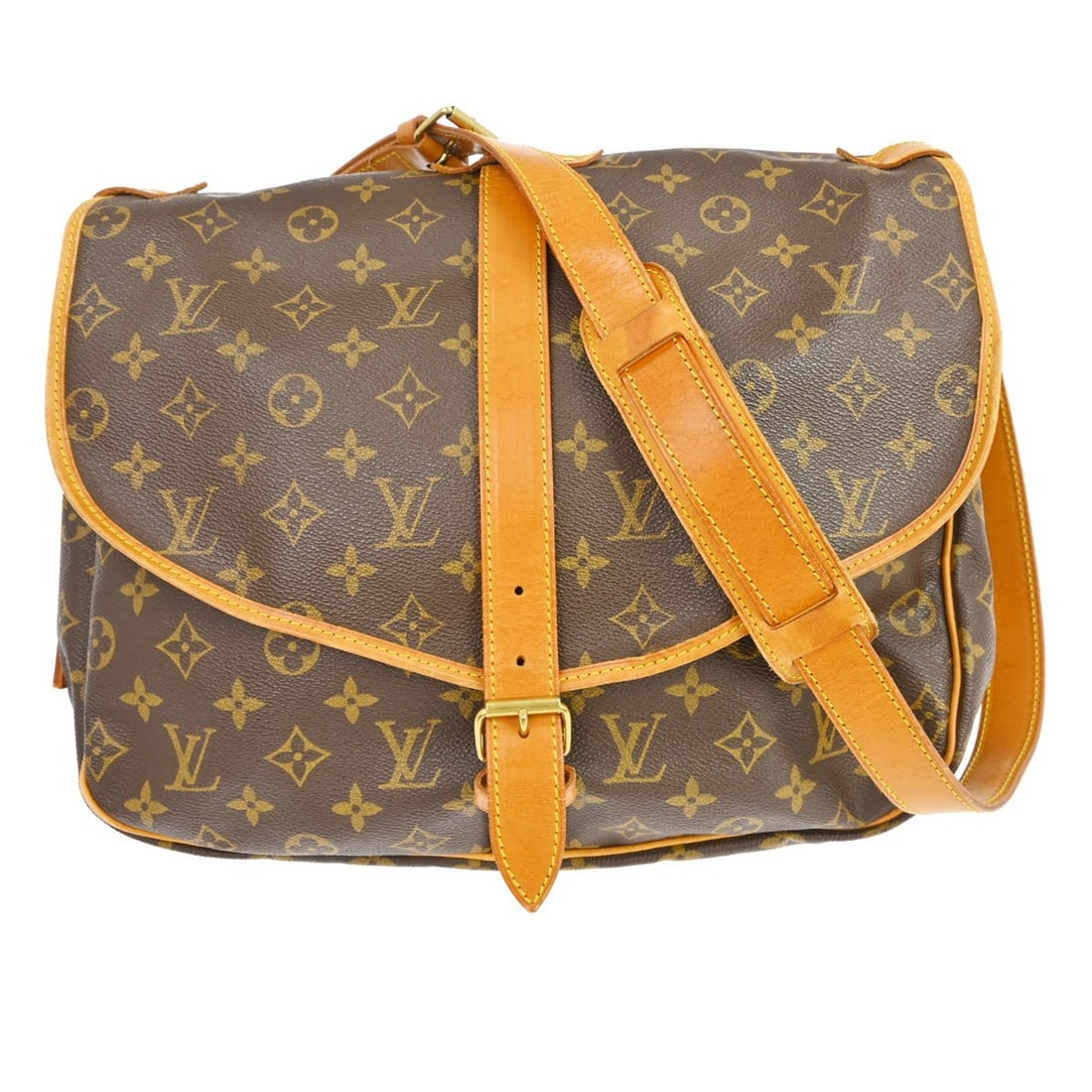 Louis Vuitton Saumur 35 Monogram Canvas Crossbody Shoulder Bag M42254: Louis Vuitton Saumur 35 Monogram Canvas Crossbody Shoulder Bag M42254 Vintage Louis Vuitton Saumur 35 shoulder bag in brown Monogram canvas with leather trim and a buckle closure. This unisex bag feat