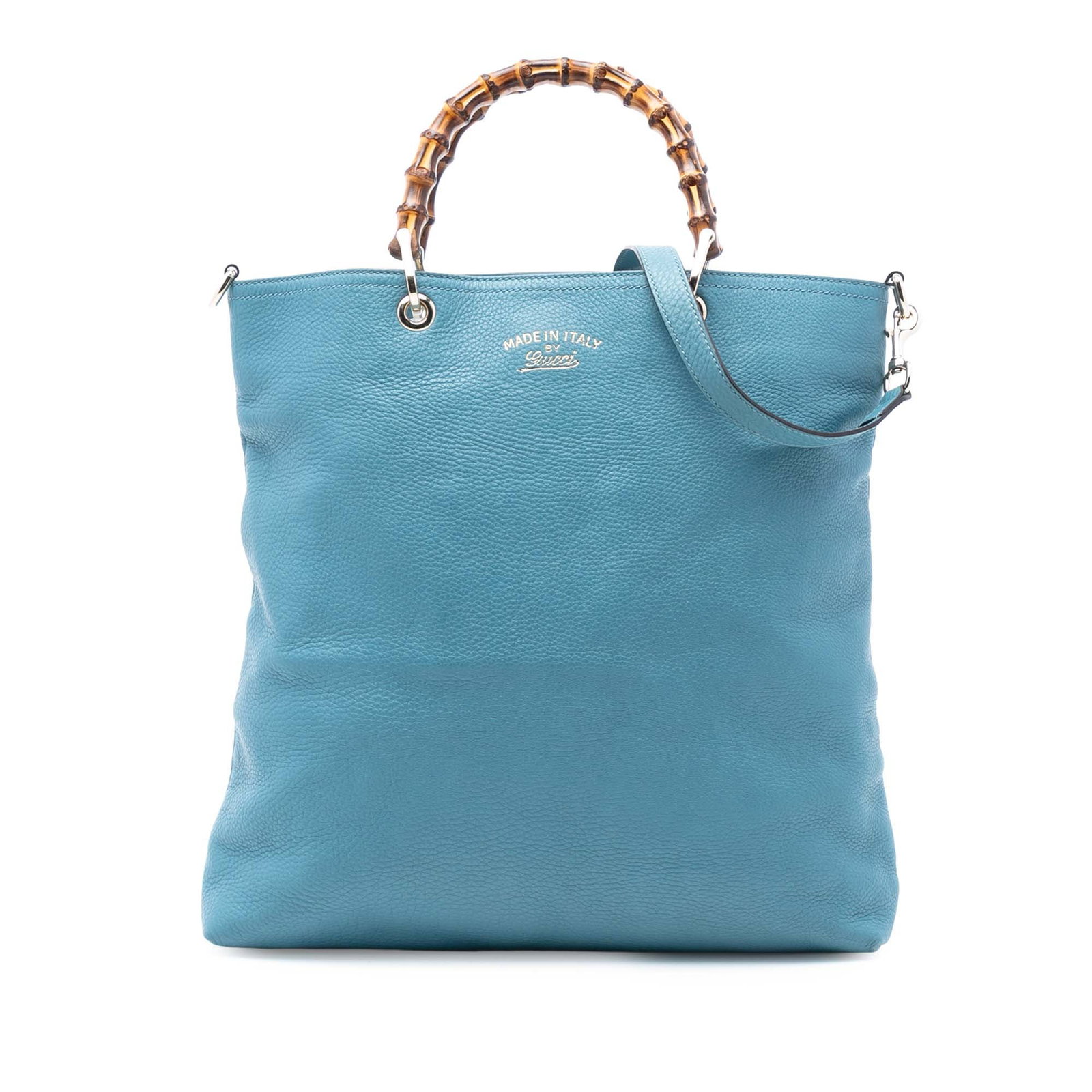 Blue Gucci Bamboo Handle Tall Leather Tote with Shoulder Strap: Blue Gucci Bamboo Handle Tall Leather Tote with Shoulder Strap This Gucci Tall Leather Bamboo Shopper Tote features a blue leather body, distinctive bamboo handles, and an adjustable, detachable flat 