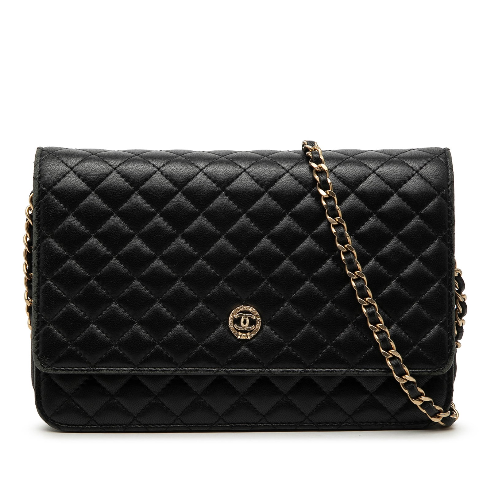 Chanel black quilted lambskin wallet on chain crossbody bag: Chanel black quilted lambskin wallet on chain crossbody bag This Chanel Quilted Lambskin Crest Wallet On Chain is a sophisticated crossbody bag crafted from quilted black leather. It features a gold-t