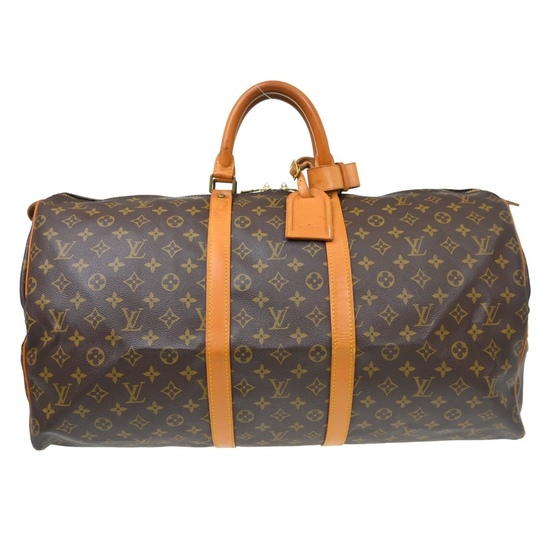Louis Vuitton Keepall 55 Monogram Canvas Duffle Bag M41424: Louis Vuitton Keepall 55 Monogram Canvas Duffle Bag M41424 Vintage Louis Vuitton Keepall 55 travel handbag in brown Monogram canvas with leather trim and double handles. This extra large duffle-style 