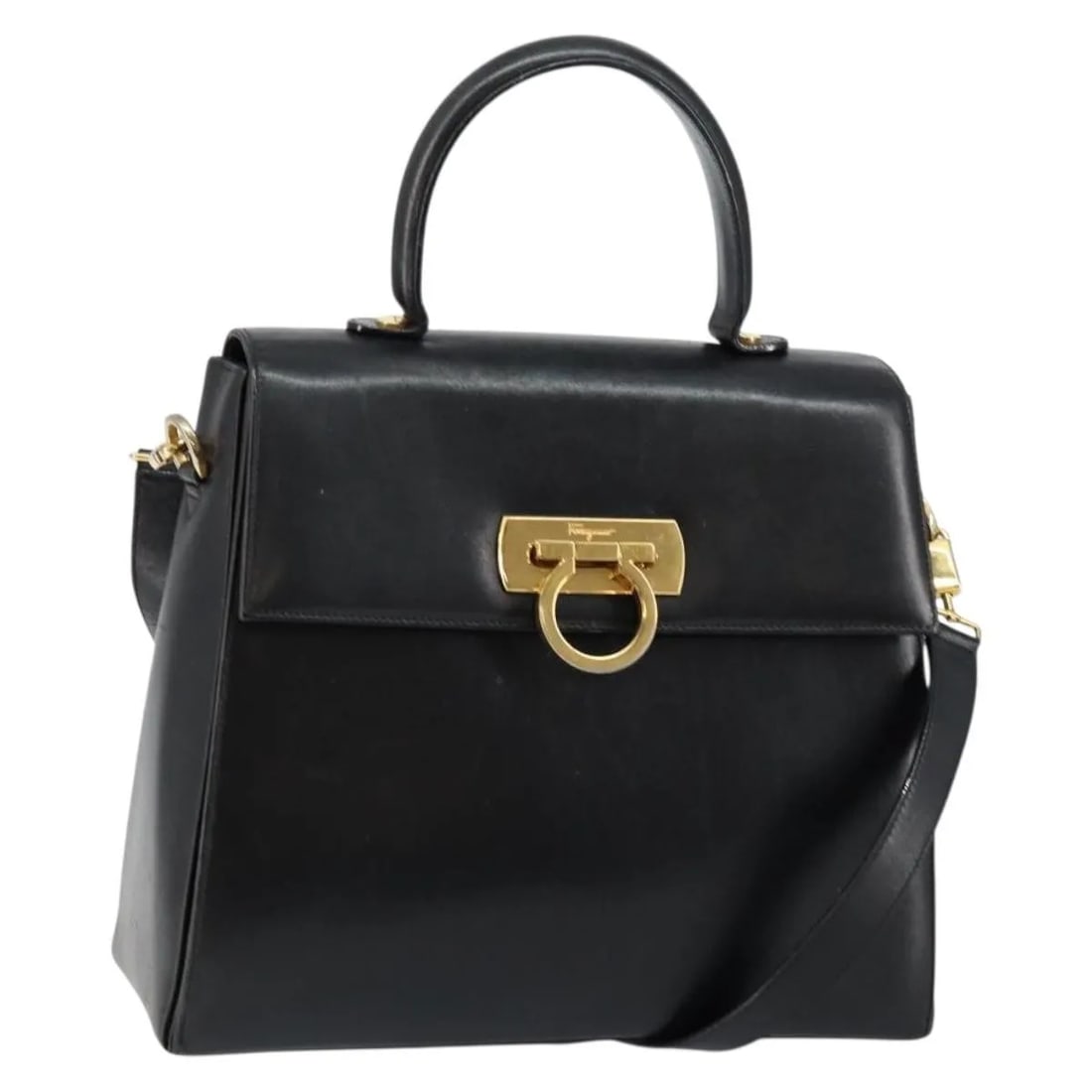Salvatore Ferragamo Leather Gancini Convertible Handbag Black: Salvatore Ferragamo Leather Gancini Convertible Handbag Black This Salvatore Ferragamo Gancini Convertible Top Handle Bag is crafted from black leather and designed for women. It features a versatile 