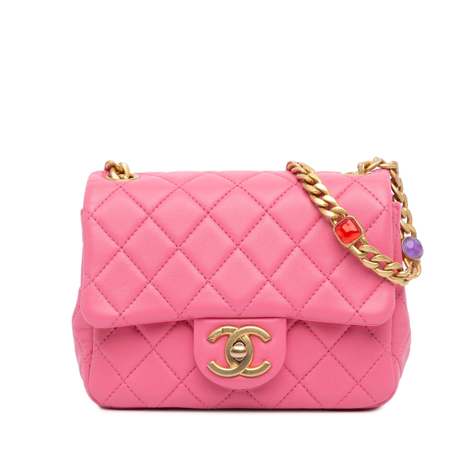Chanel Mini Square Pearl Samba Flap Pink Lambskin Crossbody Bag: Chanel Mini Square Pearl Samba Flap Pink Lambskin Crossbody Bag Chanel Mini Square Pearl Samba Flap crossbody bag in pink quilted lambskin leather. This bag features a flap with CC turn-lock closure, 