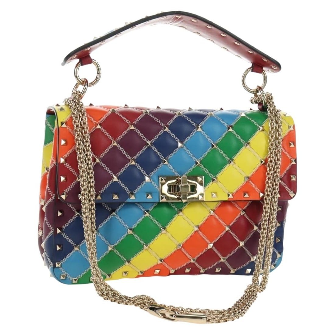 VALENTINO Rock Studs Leather Shoulder Bag 2way Multicolor Gold: VALENTINO Rock Studs Leather Shoulder Bag 2way Multicolor Gold Valentino Rock Studs chain bag in multicolor leather with gold-tone accents. This 2-way women's shoulder bag is made in Italy and include