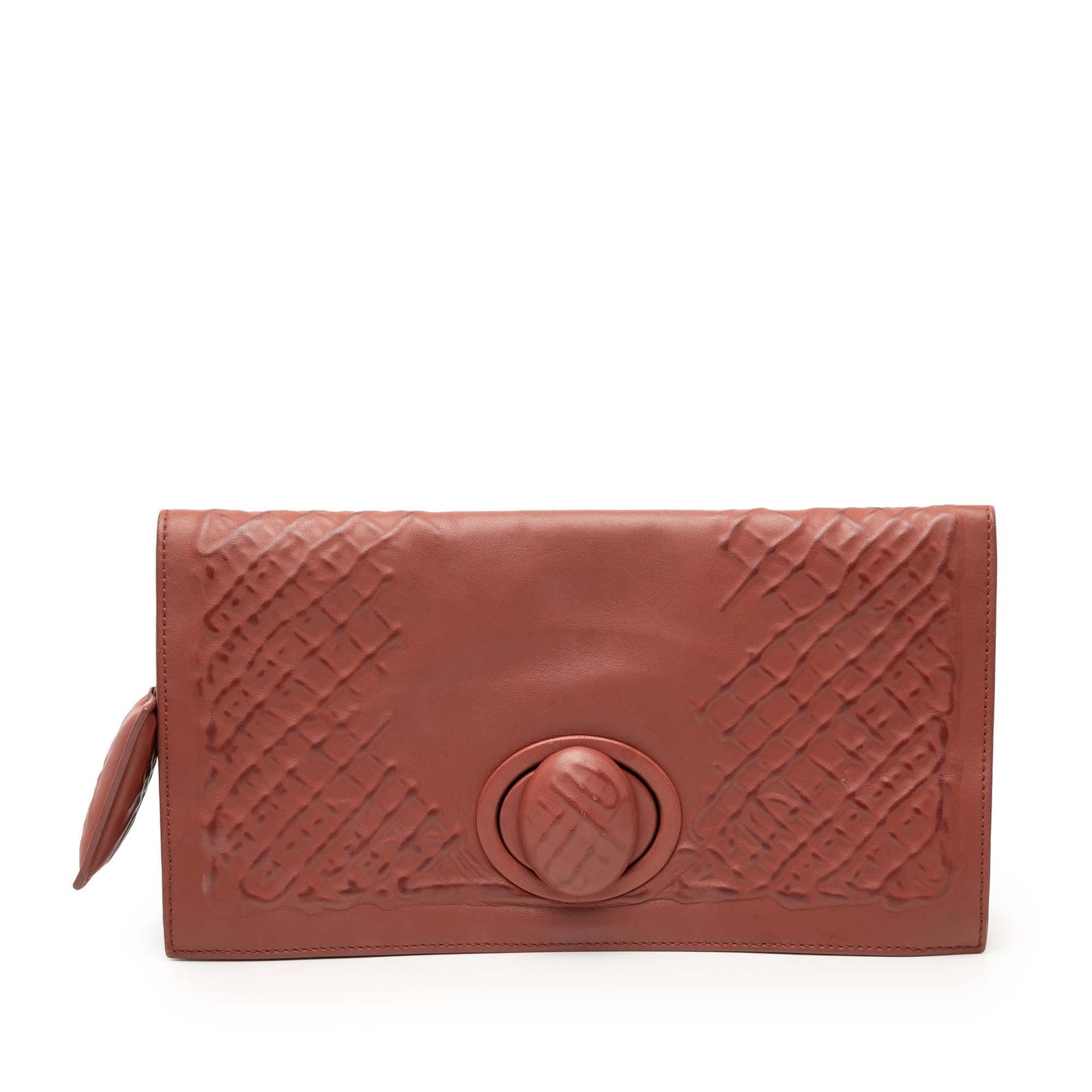 Bottega Veneta Brown Leather Intrecciato Turn Lock Clutch: Bottega Veneta Brown Leather Intrecciato Turn Lock Clutch This Bottega Veneta clutch features a signature woven leather design with a front flap secured by a turn lock closure. The interior includes a