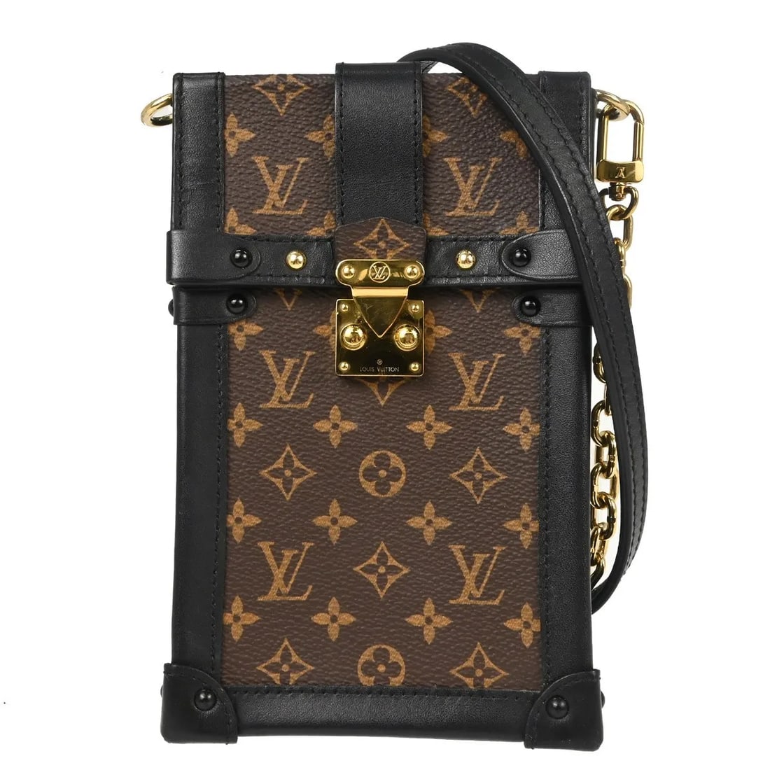 Louis Vuitton Vertical Trunk Pochette Brown Monogram Canvas Bag: Louis Vuitton Vertical Trunk Pochette Brown Monogram Canvas Bag Louis Vuitton Vertical Trunk Pochette in brown monogram canvas. This women's bag is made in Spain and is presented in good used conditio