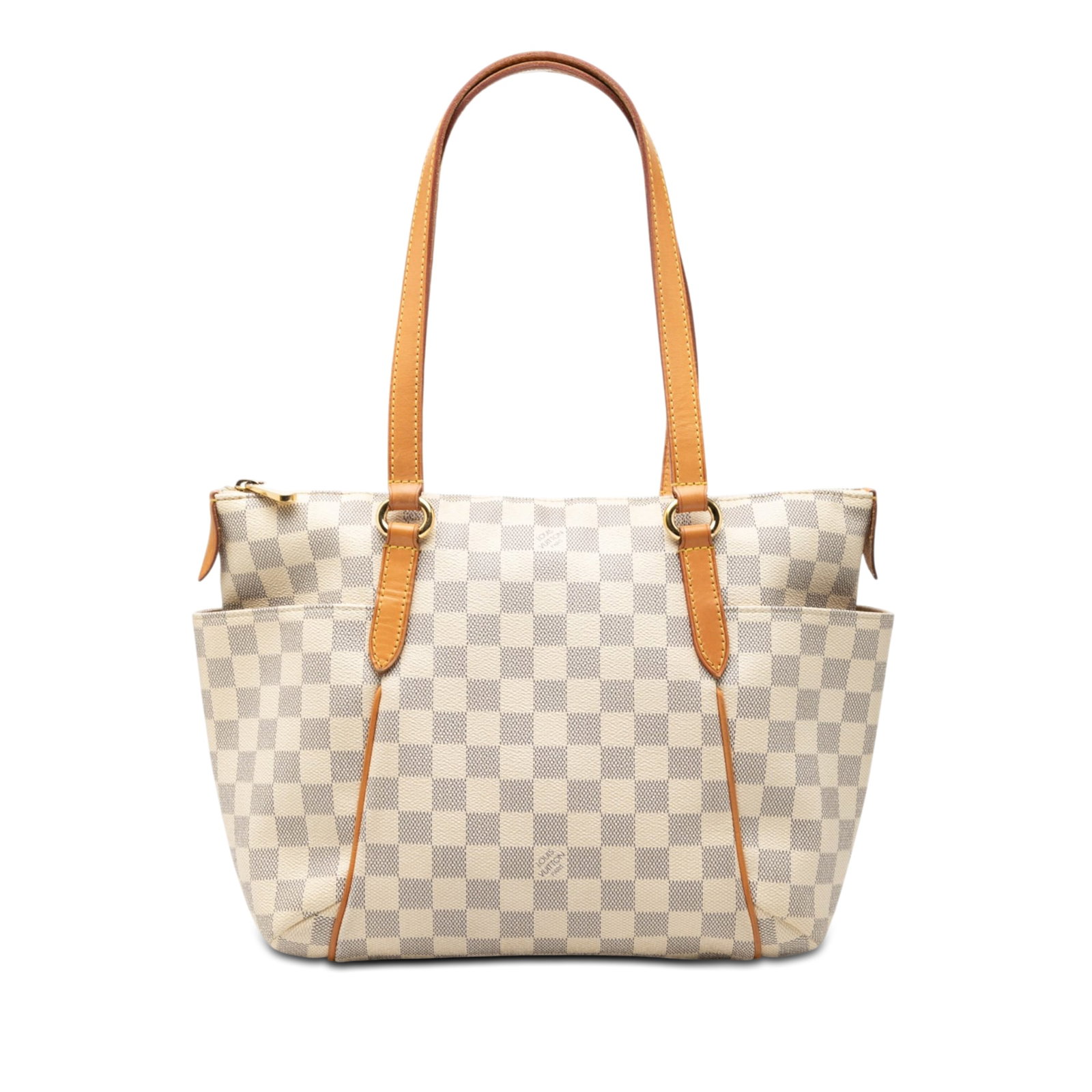 Louis Vuitton Totally PM Damier Azur Shoulder Bag: Louis Vuitton Totally PM Damier Azur Shoulder Bag This Louis Vuitton Damier Azur Totally PM handbag features a damier azur canvas body with flat vachetta leather handles, a top zip closure, exterior s