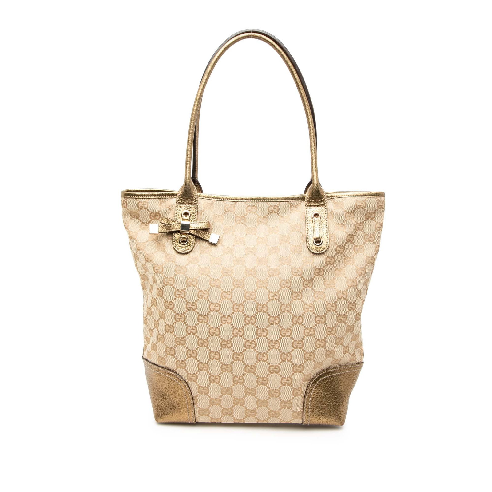 Gucci GG Canvas Princy Tote Bag with Leather Trim: Gucci GG Canvas Princy Tote Bag with Leather Trim The Gucci GG Canvas Princy Tote is a stylish and functional handbag crafted from durable canvas with elegant leather trim. It features rolled leather 