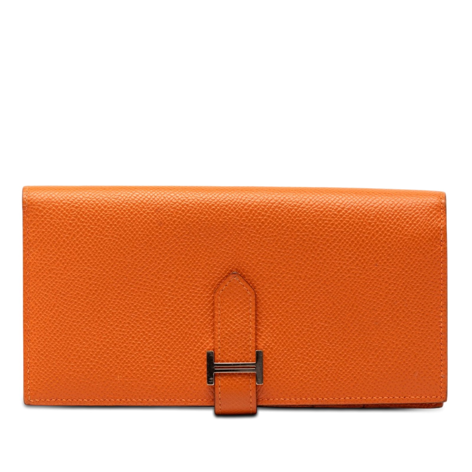 Hermes Orange Epsom Bearn Soufflet long wallet: Hermes Orange Epsom Bearn Soufflet long wallet This Hermes Epsom Bearn Soufflet Wallet features an orange Epsom leather exterior with a flat leather strap and pull-through closure. The interior is des