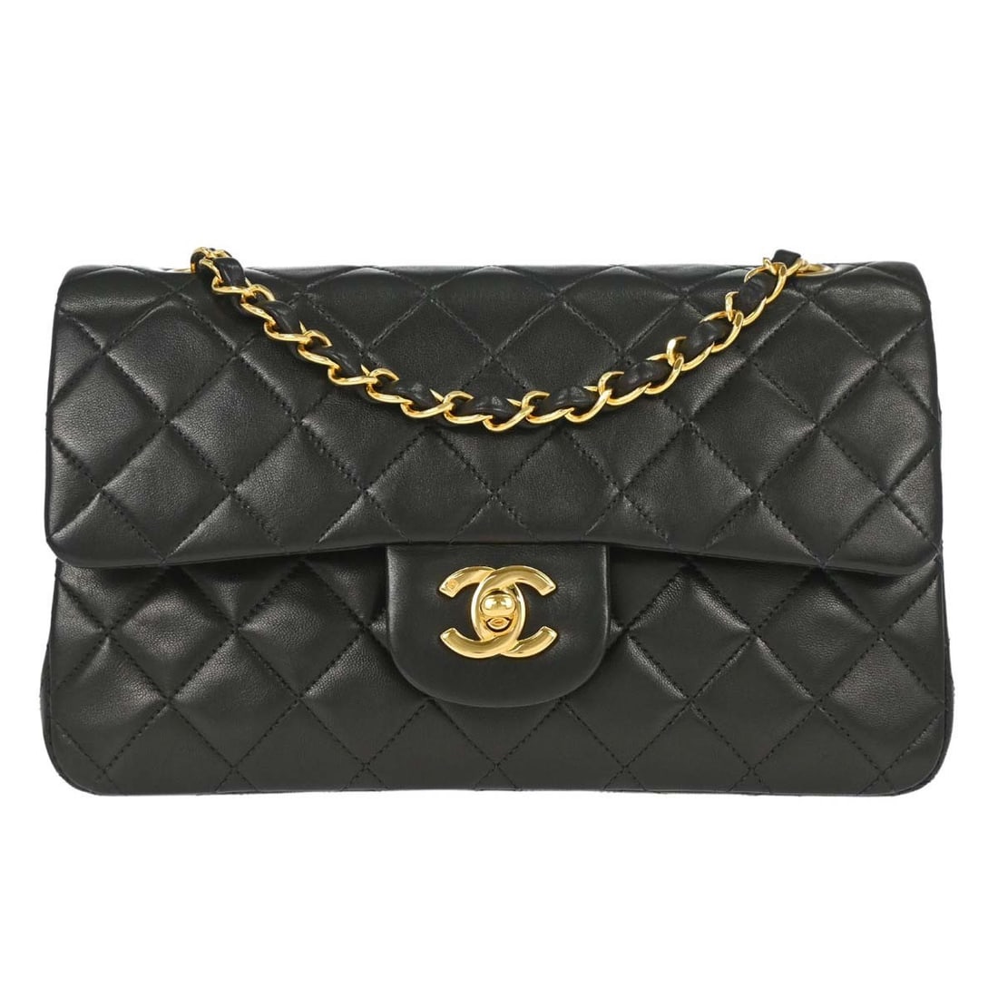 CHANEL Small Classic Double Flap Shoulder Bag Black Lambskin: CHANEL Small Classic Double Flap Shoulder Bag Black Lambskin Chanel Small Classic Double Flap shoulder bag in black lambskin with matelasse quilting and a flap turnlock closure. This women's shoulder 