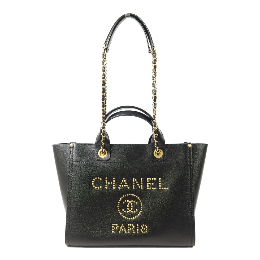 CHANEL Deauville Black Calfskin 2 Way Shoulder Tote GHW: CHANEL Deauville Black Calfskin 2 Way Shoulder Tote GHW This CHANEL Deauville tote bag offers versatile styling as a two-way shoulder bag. Crafted from premium black calfskin leather, it features gold