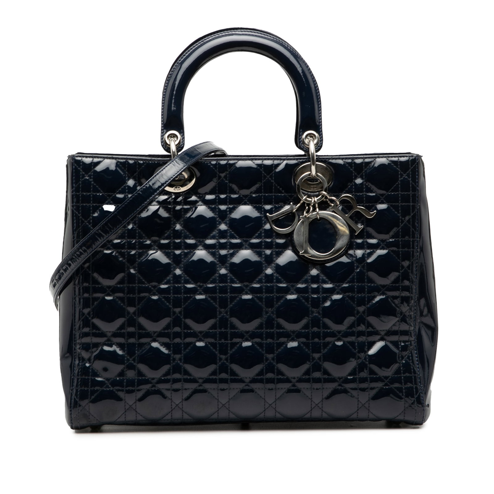 Dior Lady Dior Large Blue Patent Cannage Leather Tote with Strap: Dior Lady Dior Large Blue Patent Cannage Leather Tote with Strap This Lady Dior bag features a quilted patent leather exterior in blue, complemented by flat leather top handles and a detachable flat s