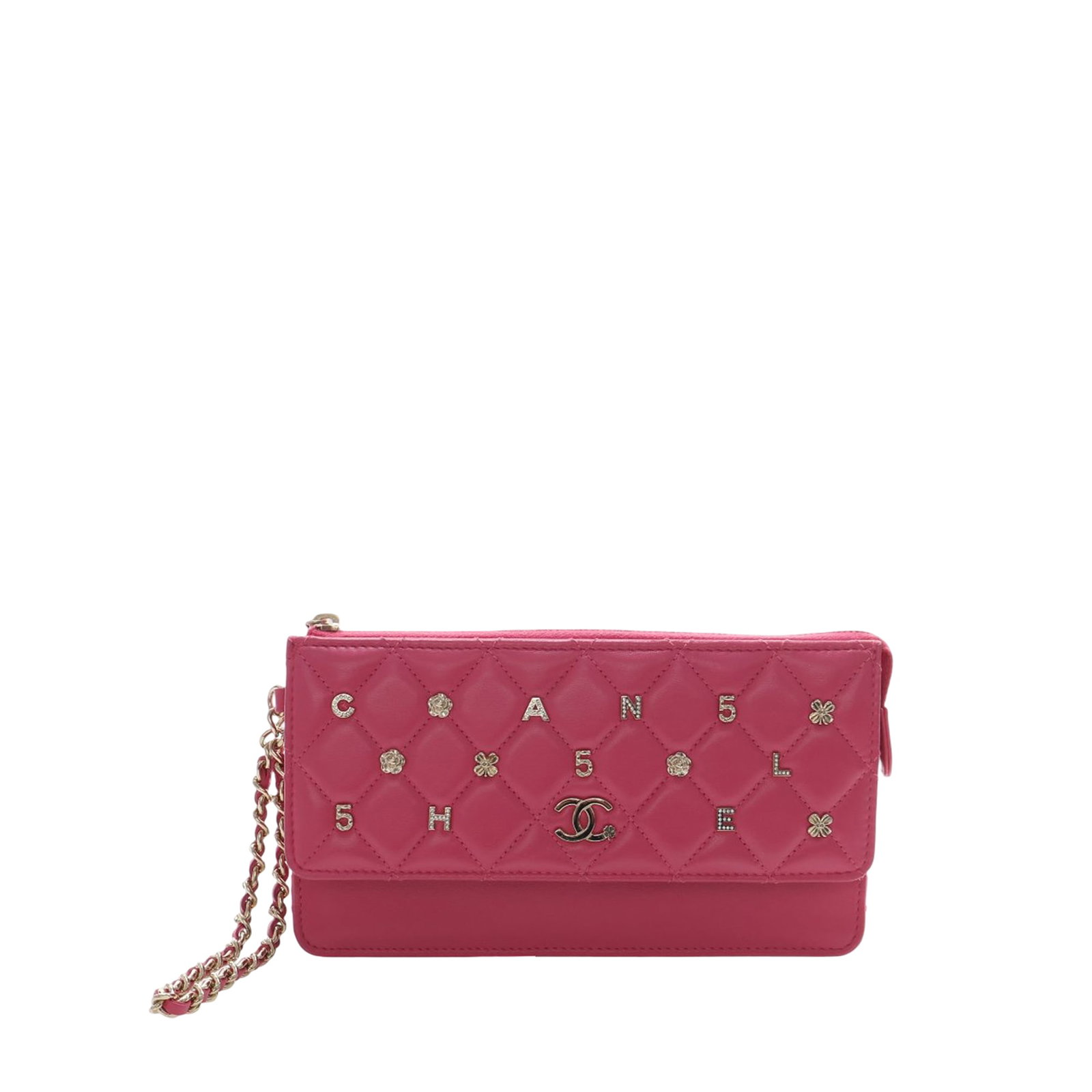 Chanel Pink Quilted Lambskin Chain Clutch Bag: Chanel Pink Quilted Lambskin Chain Clutch Bag This Chanel clutch showcases a quilted lambskin leather exterior in pink, adorned with signature charms. It features a leather-woven chain wristlet strap,