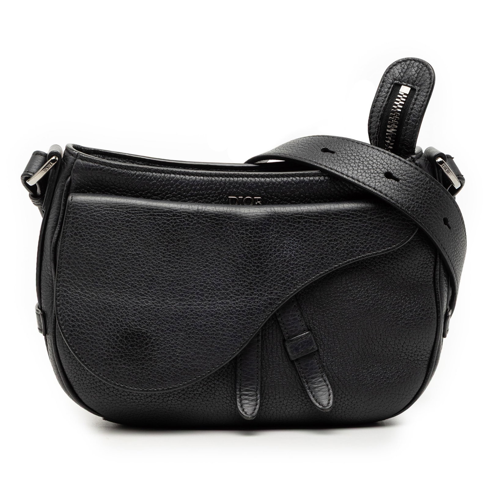 Dior Saddle Soft Satchel in Black Grained Calfskin Leather: Dior Saddle Soft Satchel in Black Grained Calfskin Leather The Dior Grained Calfskin Saddle Soft Bag is crafted from black leather and features a detachable and adjustable flat leather shoulder strap,