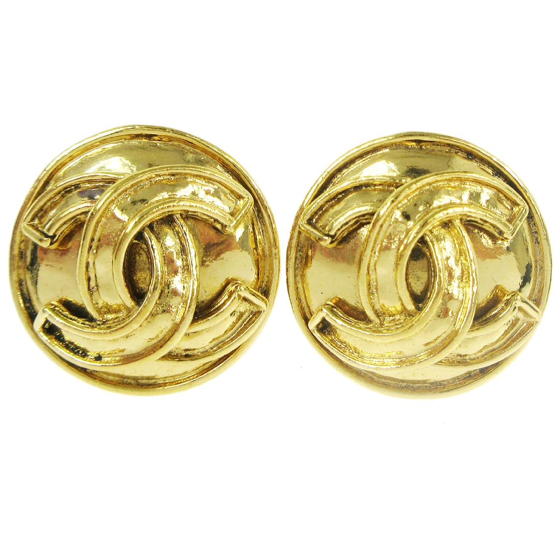 Chanel 94P Gold Tone Button Clip On Logo Earrings (1 of 4)