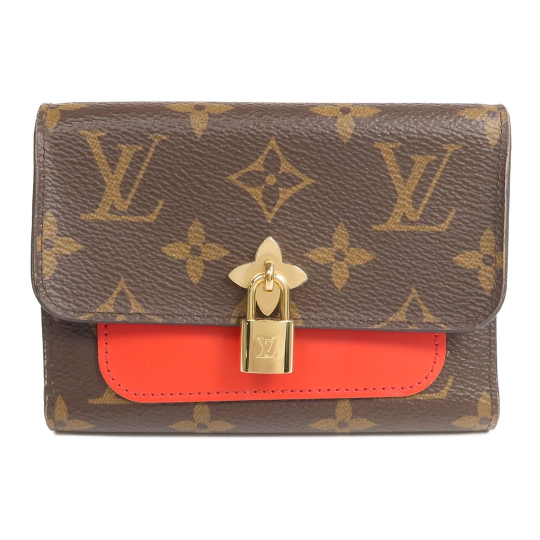Louis Vuitton Flower Lock Monogram Tri-fold Wallet with Gold Hardware: Louis Vuitton Flower Lock Monogram Tri-fold Wallet with Gold Hardware This Louis Vuitton Flower Lock tri-fold wallet features the classic Monogram pattern in brown with red accents. Crafted from durab