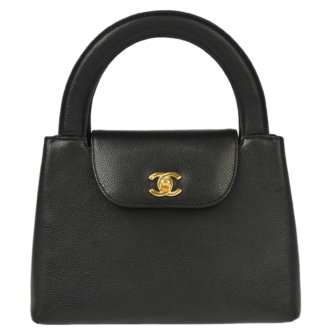 Chanel CC Small Black Caviar Calfskin Top Handle Bag: Chanel CC Small Black Caviar Calfskin Top Handle Bag Small Chanel handbag in black caviar skin leather with double handles and a turn-lock closure. The bag features a leather lining, one outside pocke