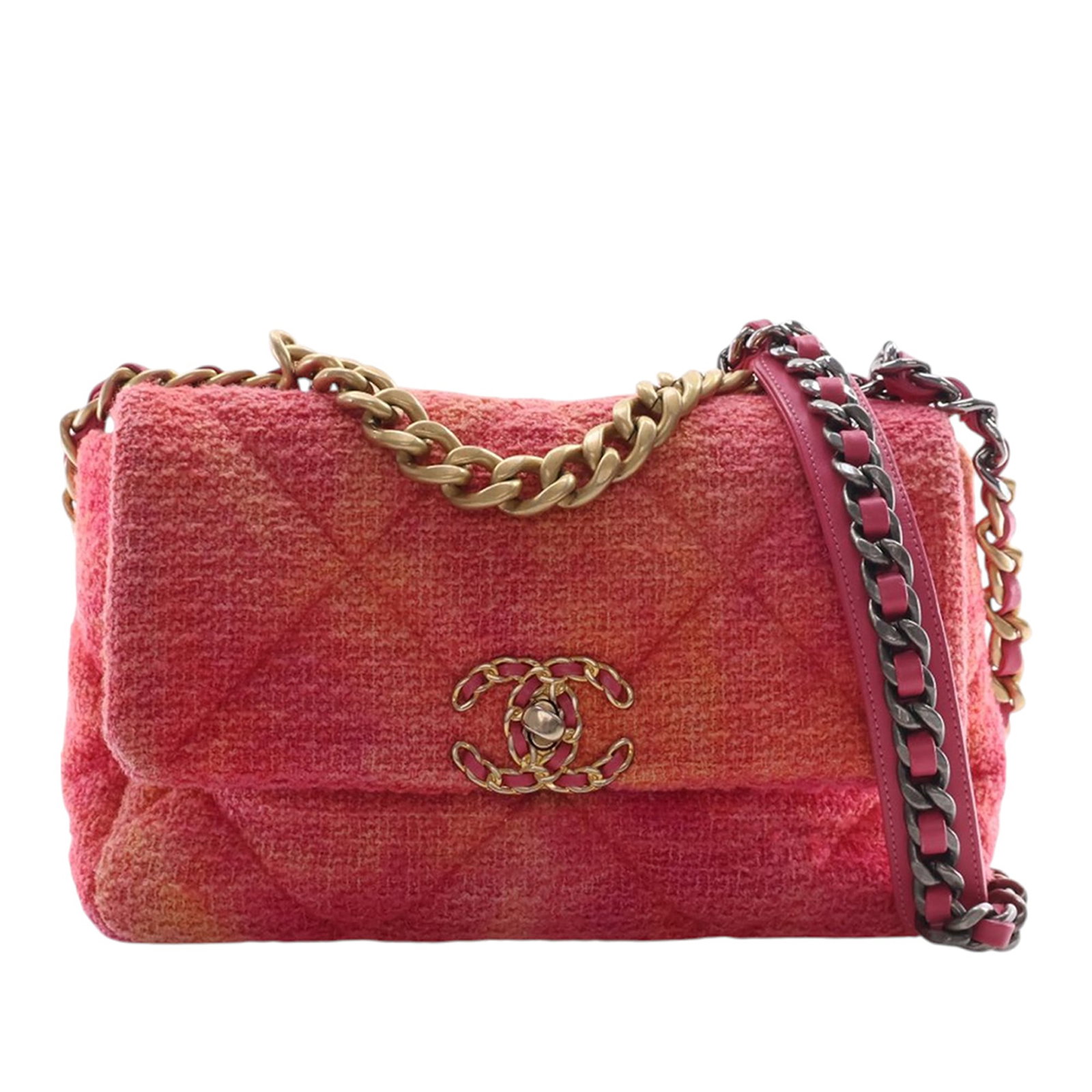 Chanel 19 Flap Tweed Leather Shoulder Bag Pink: Chanel 19 Flap Tweed Leather Shoulder Bag Pink This Chanel Medium Tweed Ombre 19 Flap bag features a pink fabric body with ombre tweed detailing, a chain link handle, and a woven leather chain link sh