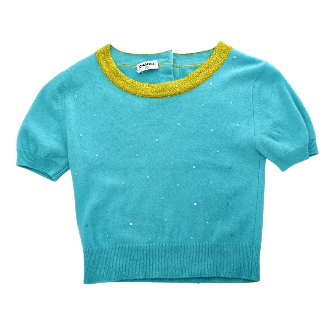 CHANEL Knit Short Sleeve Top Light Blue Yellow Size 42: CHANEL Knit Short Sleeve Top Light Blue Yellow Size 42 Chanel short sleeve knit top in light blue and yellow with a round neckline and regular fit. This women's casual top is in very good condition ov