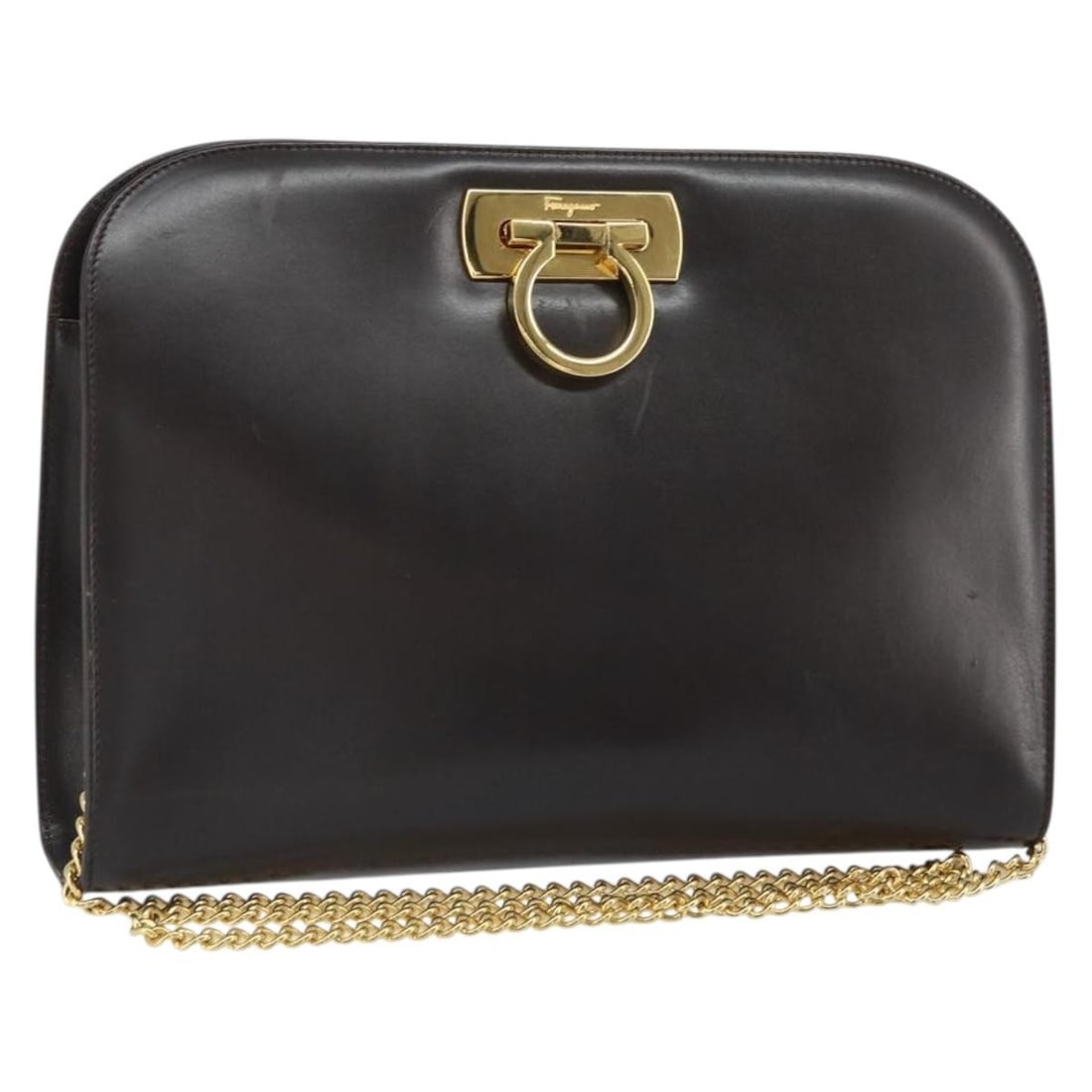 Brown Leather Gancini Chain Shoulder Bag by Salvatore Ferragamo: Brown Leather Gancini Chain Shoulder Bag by Salvatore Ferragamo This Salvatore Ferragamo Gancini chain shoulder bag features brown leather with gold-tone accents. The bag offers a structured silhouett