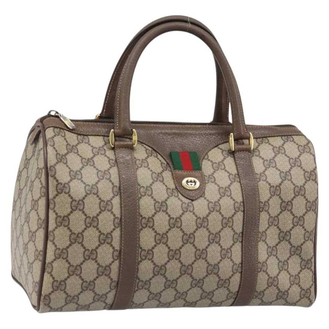 Gucci GG Supreme Boston Bag Beige PVC Web Sherry Line Model 40 02 007: Gucci GG Supreme Boston Bag Beige PVC Web Sherry Line Model 40 02 007 This is a Gucci GG Supreme Web Sherry Line Boston bag crafted from beige and gold PVC leather and GG canvas. The bag features dual