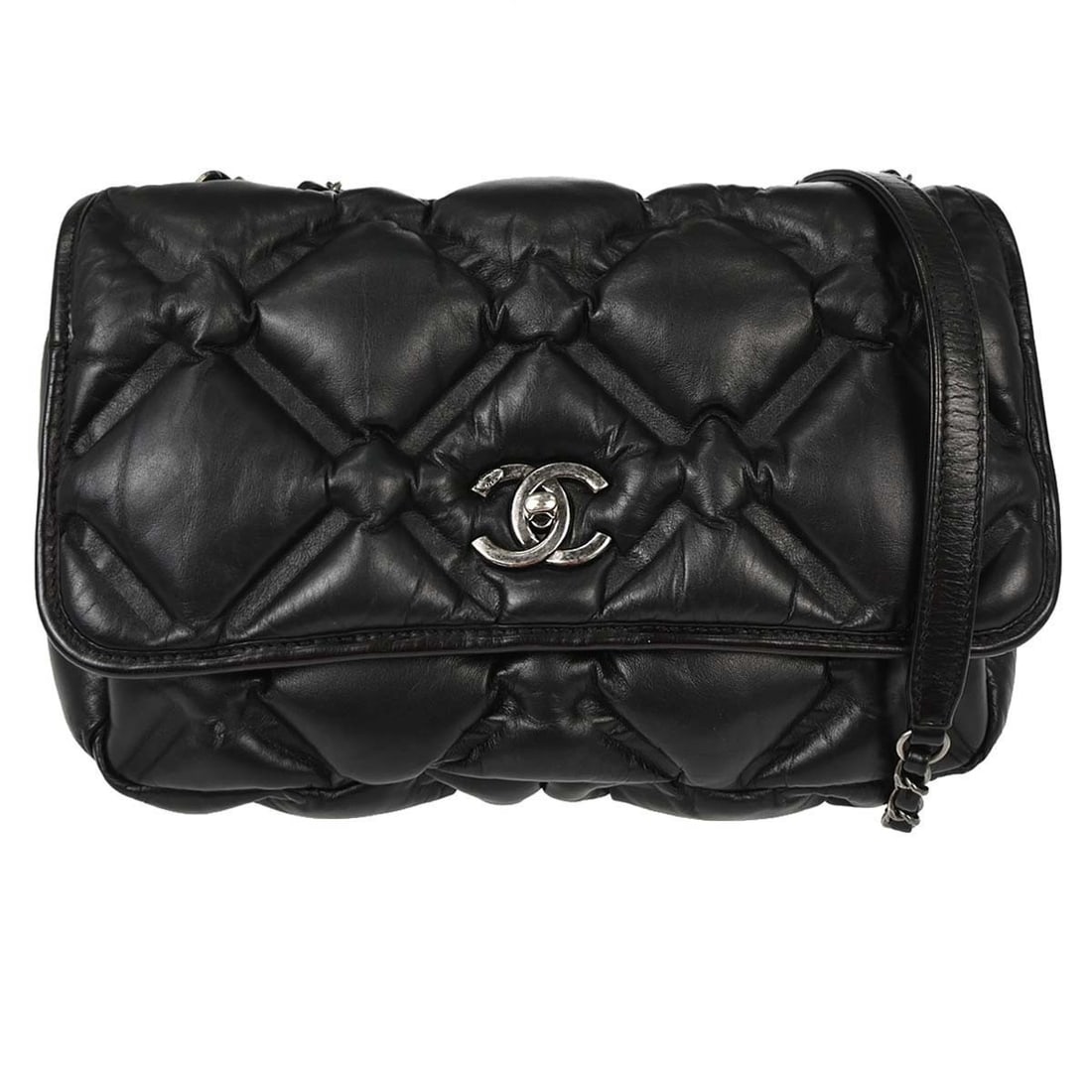CHANEL Bubble Quilted Lambskin Shoulder Bag Black Turn Lock: CHANEL Bubble Quilted Lambskin Shoulder Bag Black Turn Lock Black lambskin bubble quilted shoulder bag with a turn-lock closure and shoulder strap. Made in Italy, this medium bag features a black exte