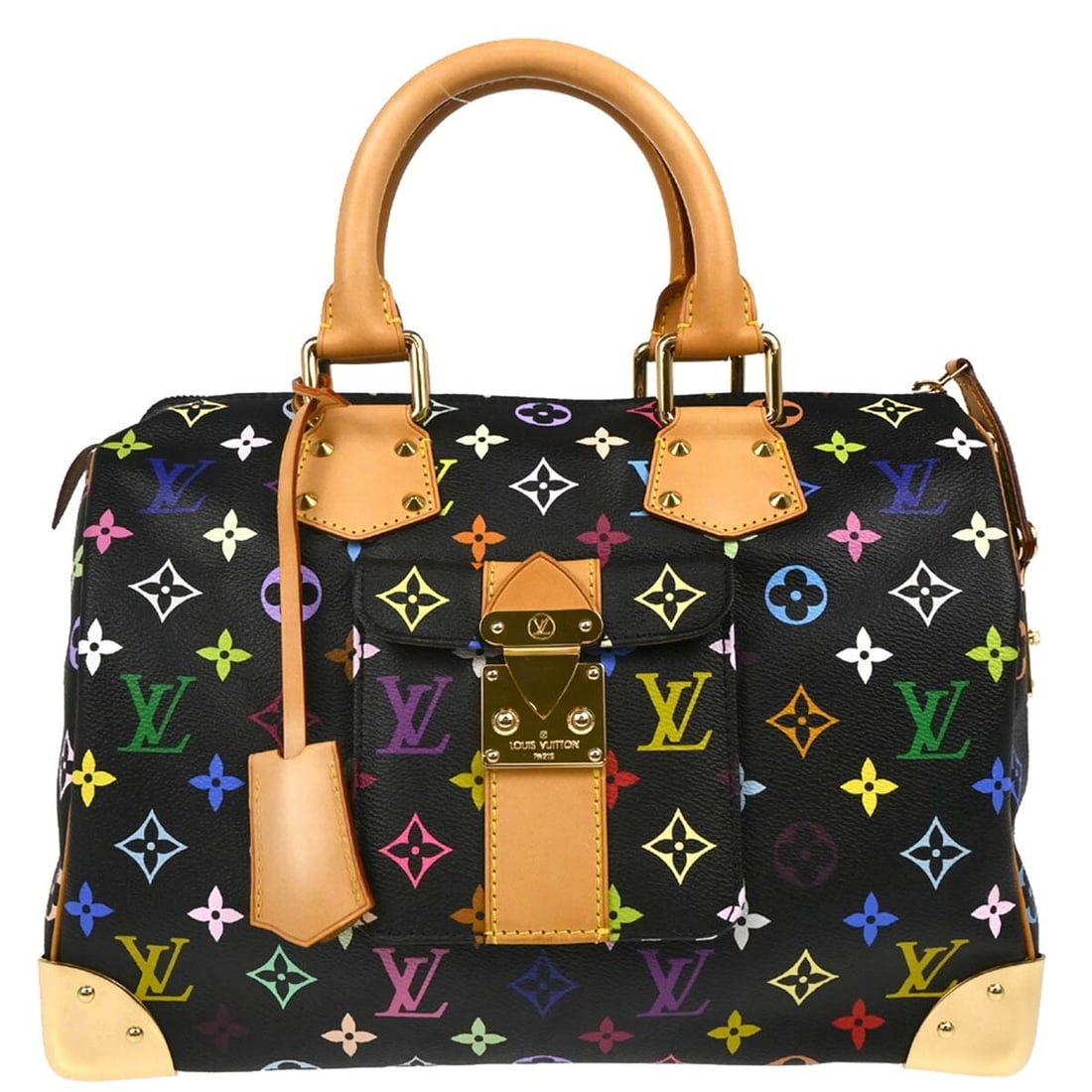 Louis Vuitton Speedy 30 Black Monogram Multicolor Handbag M92642: Louis Vuitton Speedy 30 Black Monogram Multicolor Handbag M92642 Louis Vuitton Speedy 30 handbag in black Monogram Multicolor canvas with leather trim and double handles. This medium handbag features 