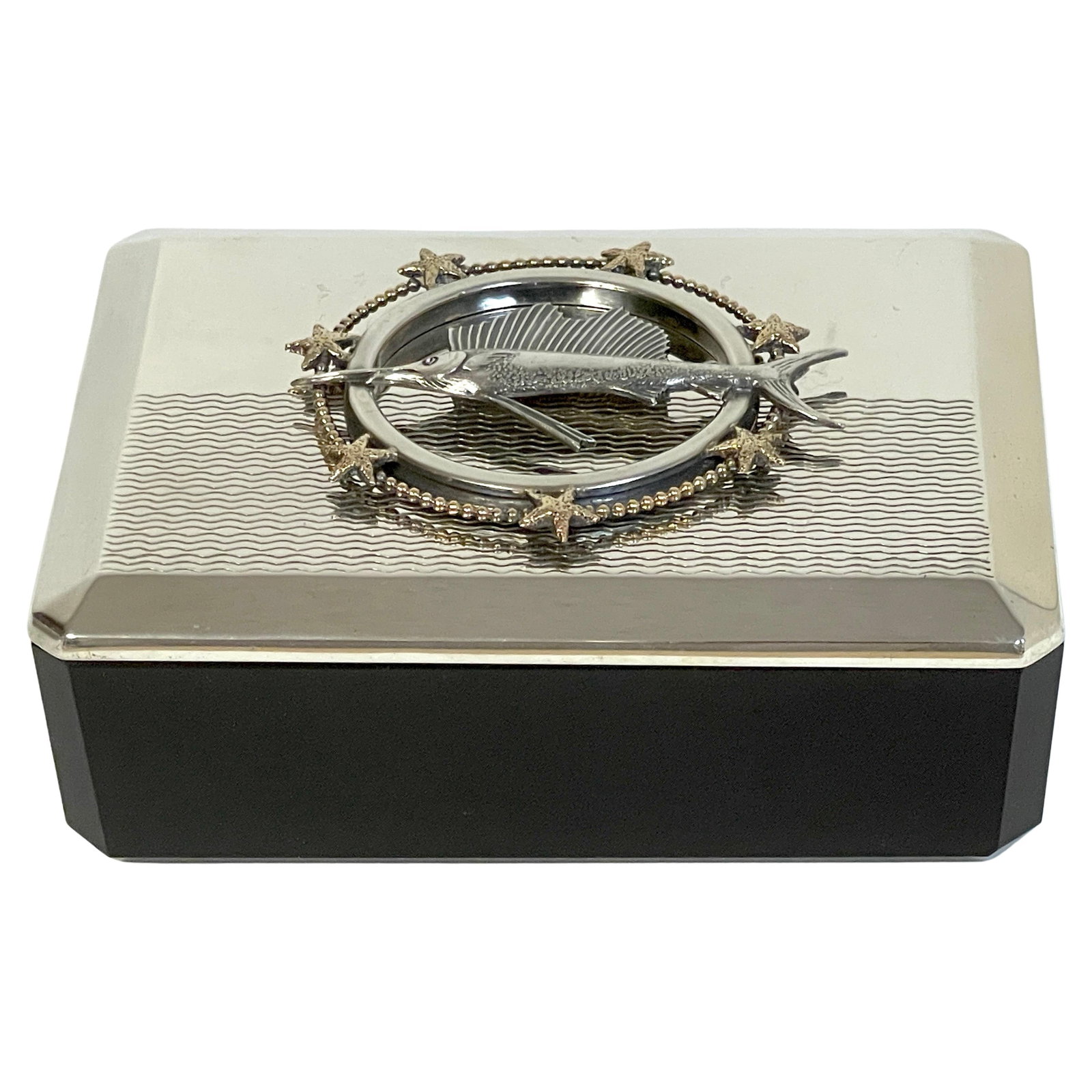 Art Deco Sterling Silver Sailfish Box with Black Amethyst by R. Blackington: Art Deco Sterling Silver Sailfish Box with Black Amethyst by R. Blackington This exquisite Art Deco Sterling Sailfish & Black Amethyst Box showcases the artistry of R. Blackington and is a remarkable 